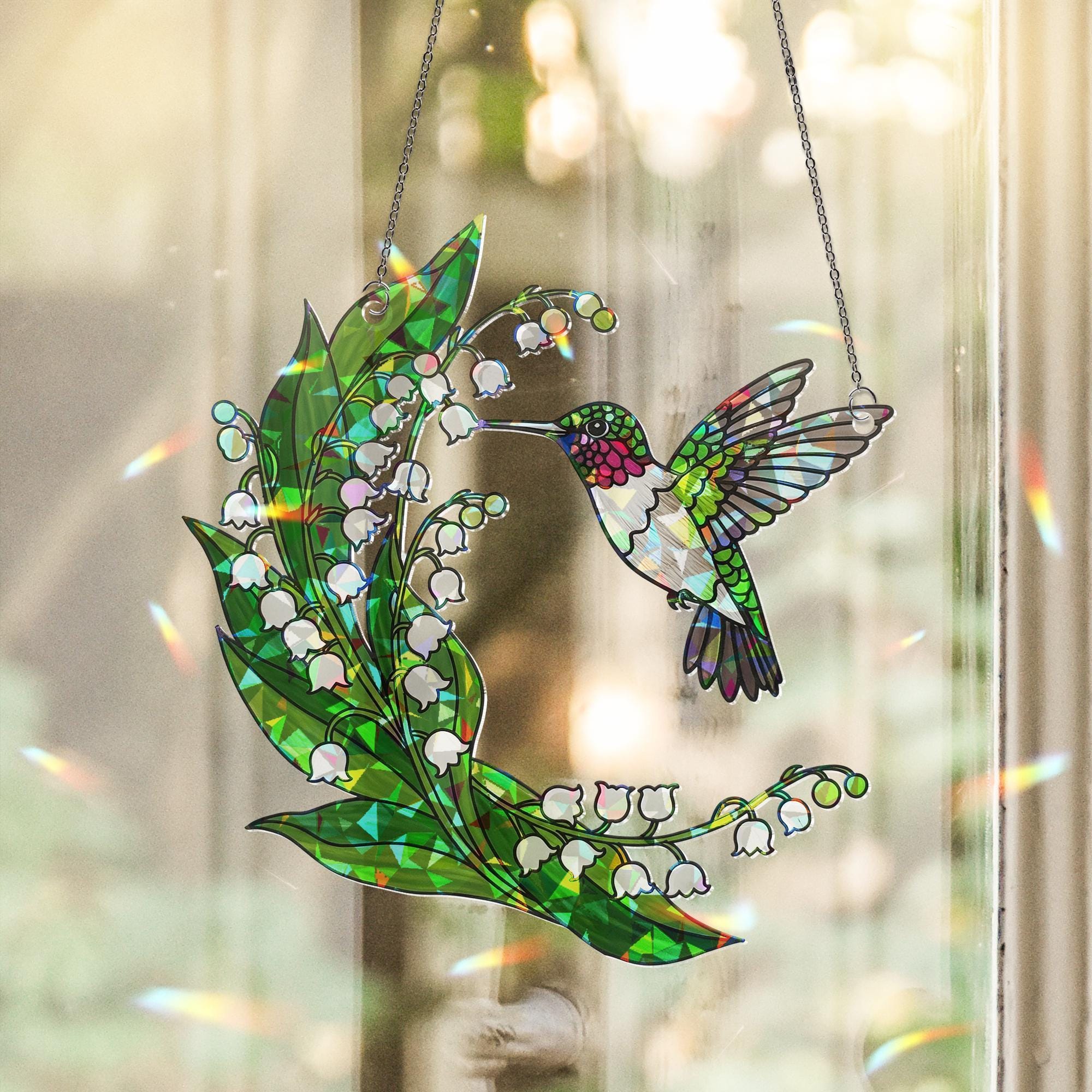 Hummingbird & Lily of the Valley Acrylic Window Hanging Ornament, Floral Bird Art Home Decor Gift Idea, Nature Lover Decor Gift