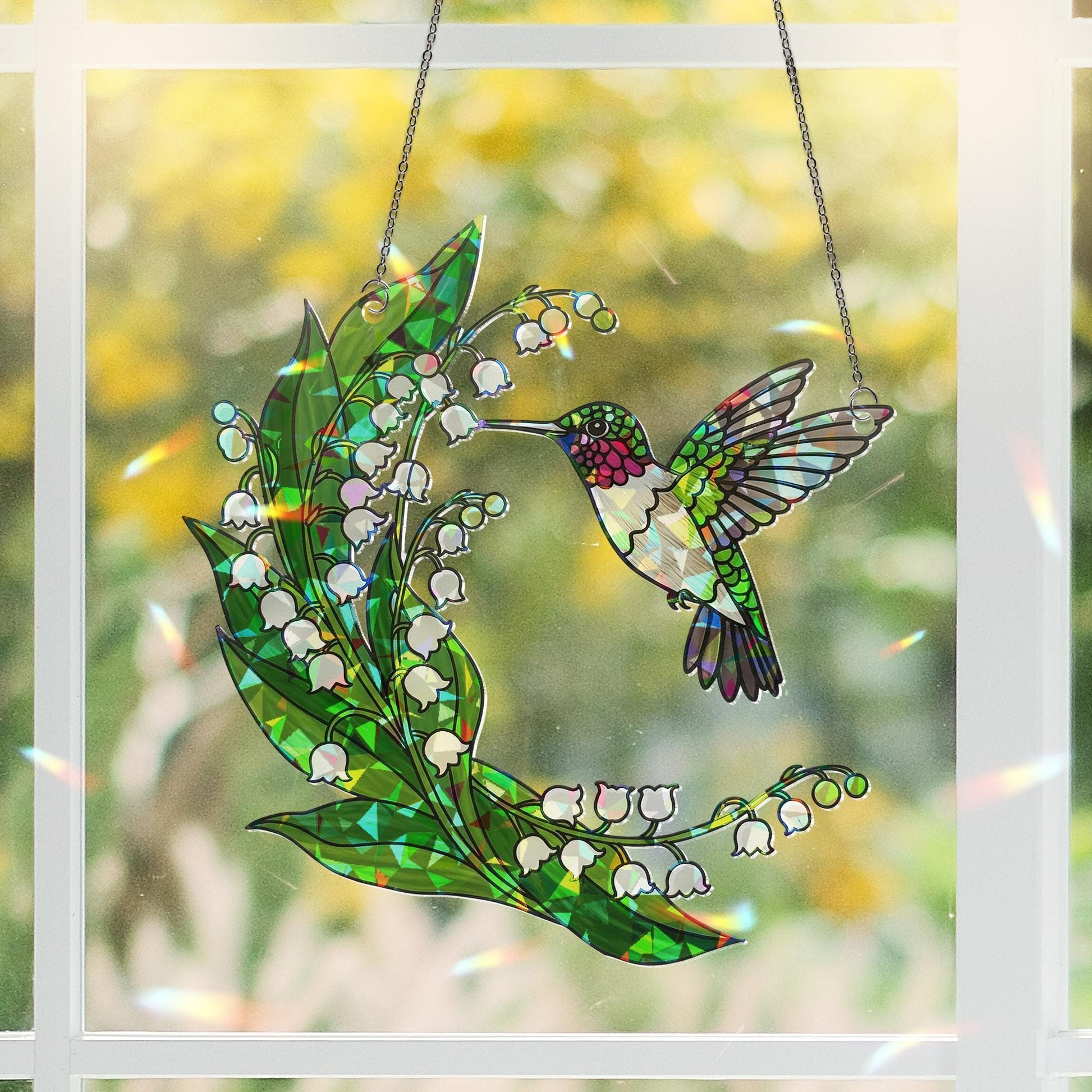 Hummingbird & Lily of the Valley Acrylic Window Hanging Ornament, Floral Bird Art Home Decor Gift Idea, Nature Lover Decor Gift