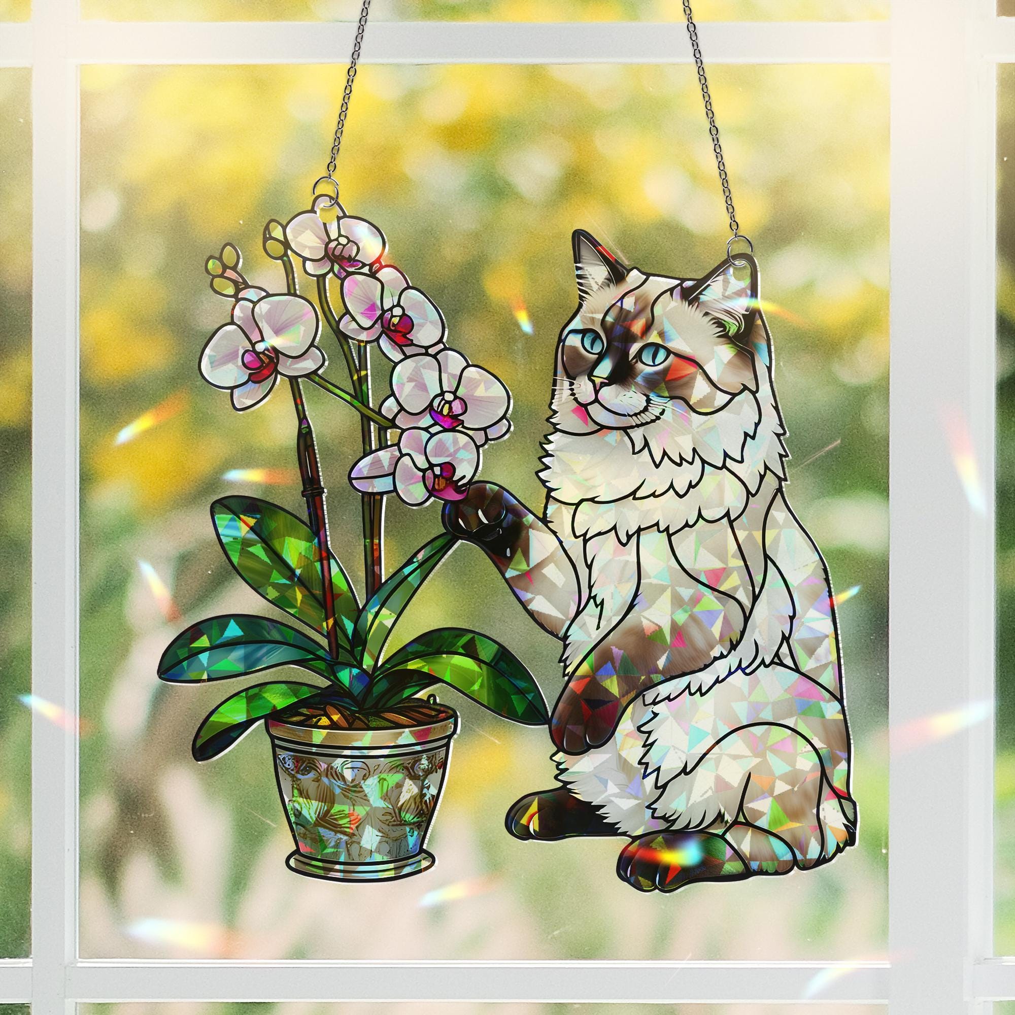 Ragdoll Cat & Orchid Acrylic Window Hanging Ornament, Colorful Rainbow Maker Home Decor, Cat Lover Gift, Cute Cat Lover Plant Gift