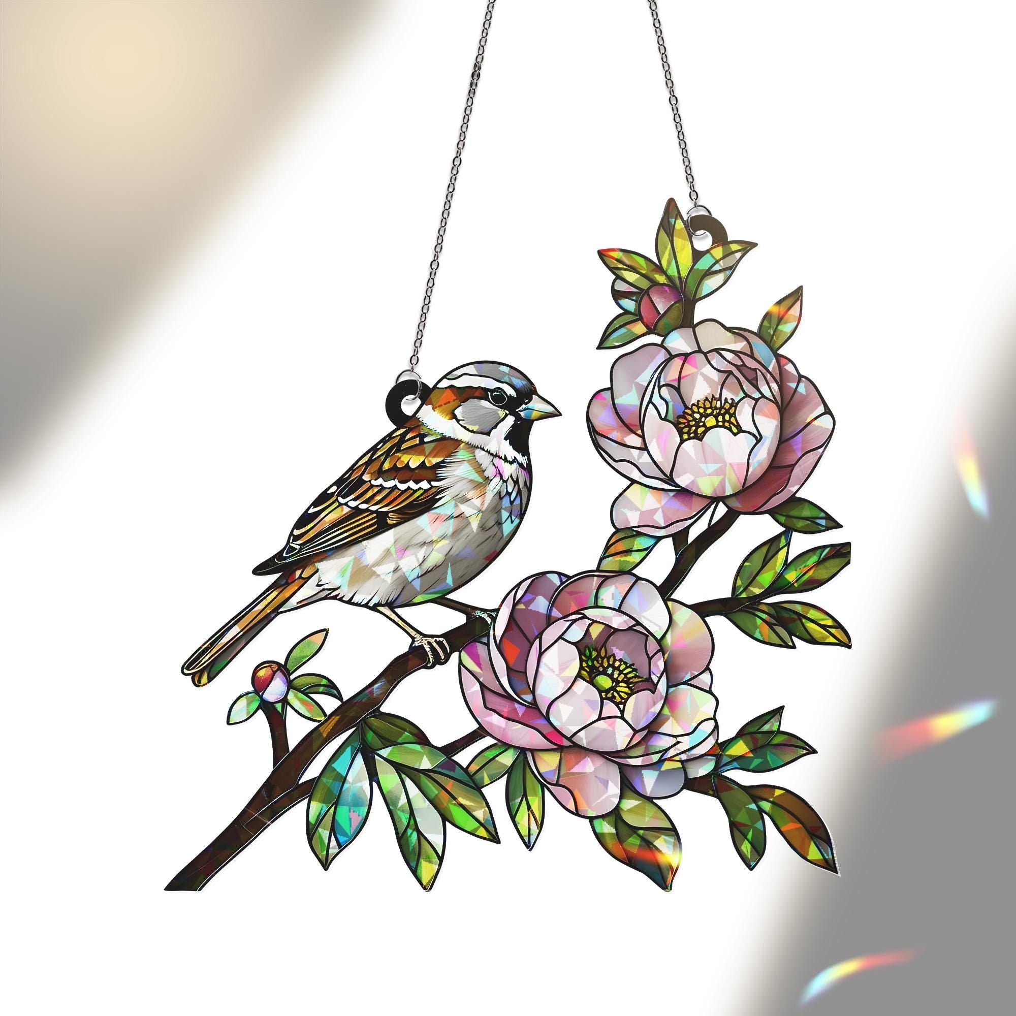 Sparrow Bird & Peony Flower Acrylic Window Hanging Ornament, Nature Lover Floral Home Decor Art Gift, Birth Flower Gift