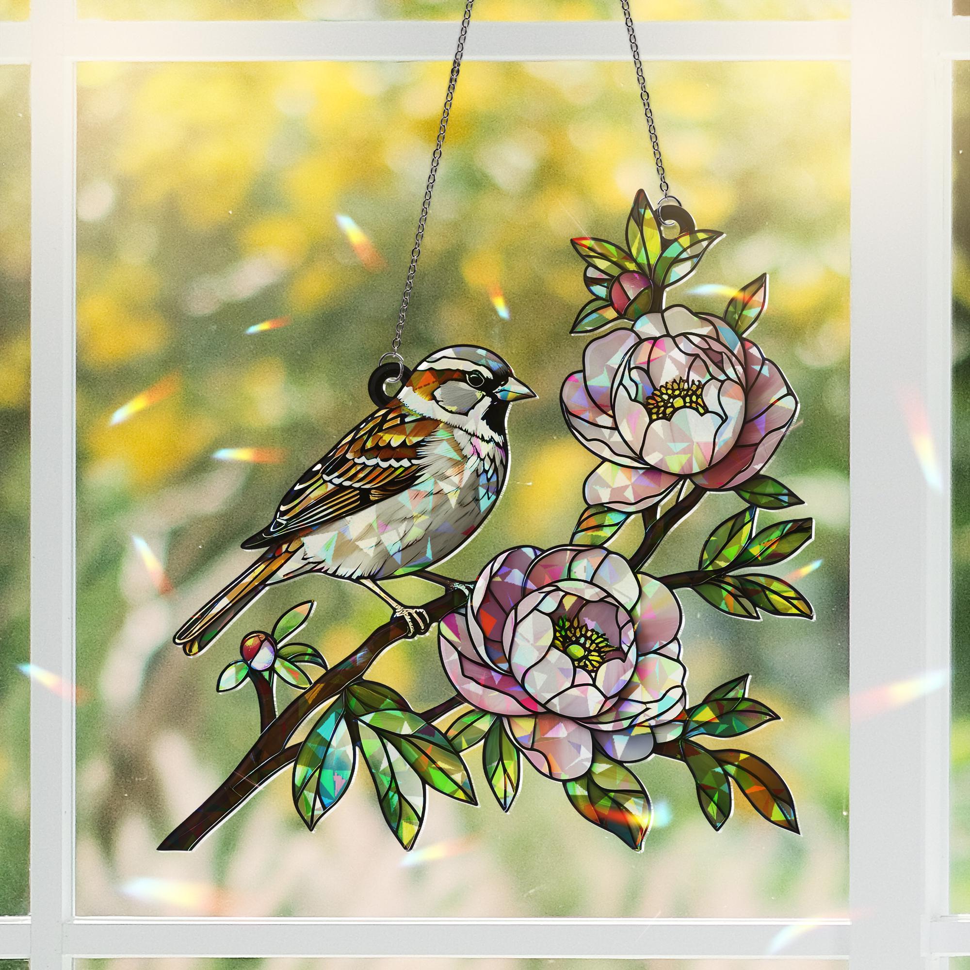 Sparrow Bird & Peony Flower Acrylic Window Hanging Ornament, Nature Lover Floral Home Decor Art Gift, Birth Flower Gift