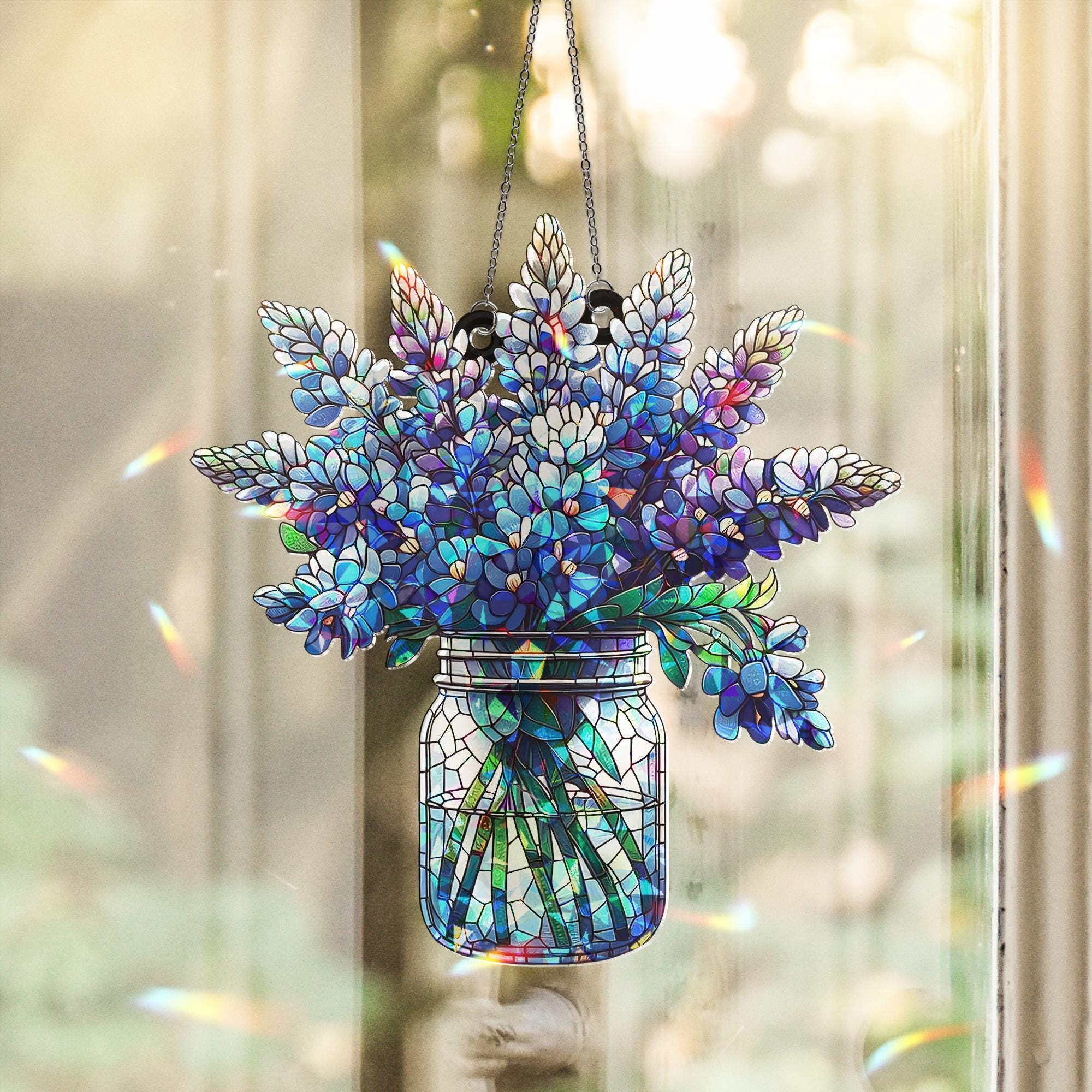 Bluebonnet Mason Jar Acrylic  Window Hanging, Floral Bouquet Ornament, Colorful Botanical Home Decor Art, Texas Gardener Gift