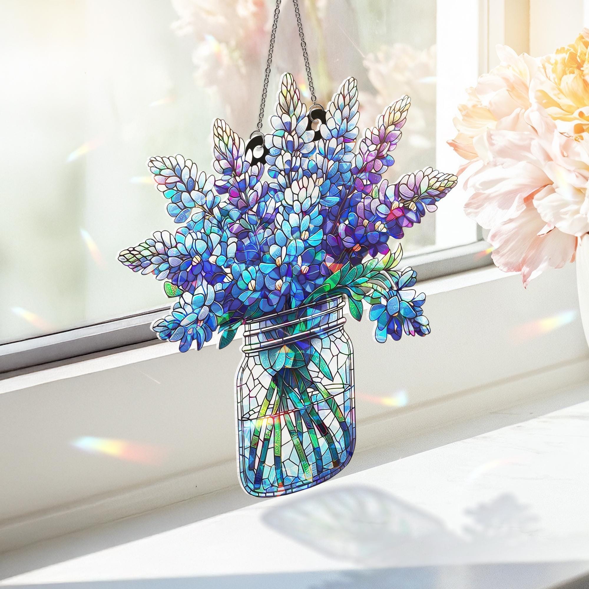 Bluebonnet Mason Jar Acrylic  Window Hanging, Floral Bouquet Ornament, Colorful Botanical Home Decor Art, Texas Gardener Gift