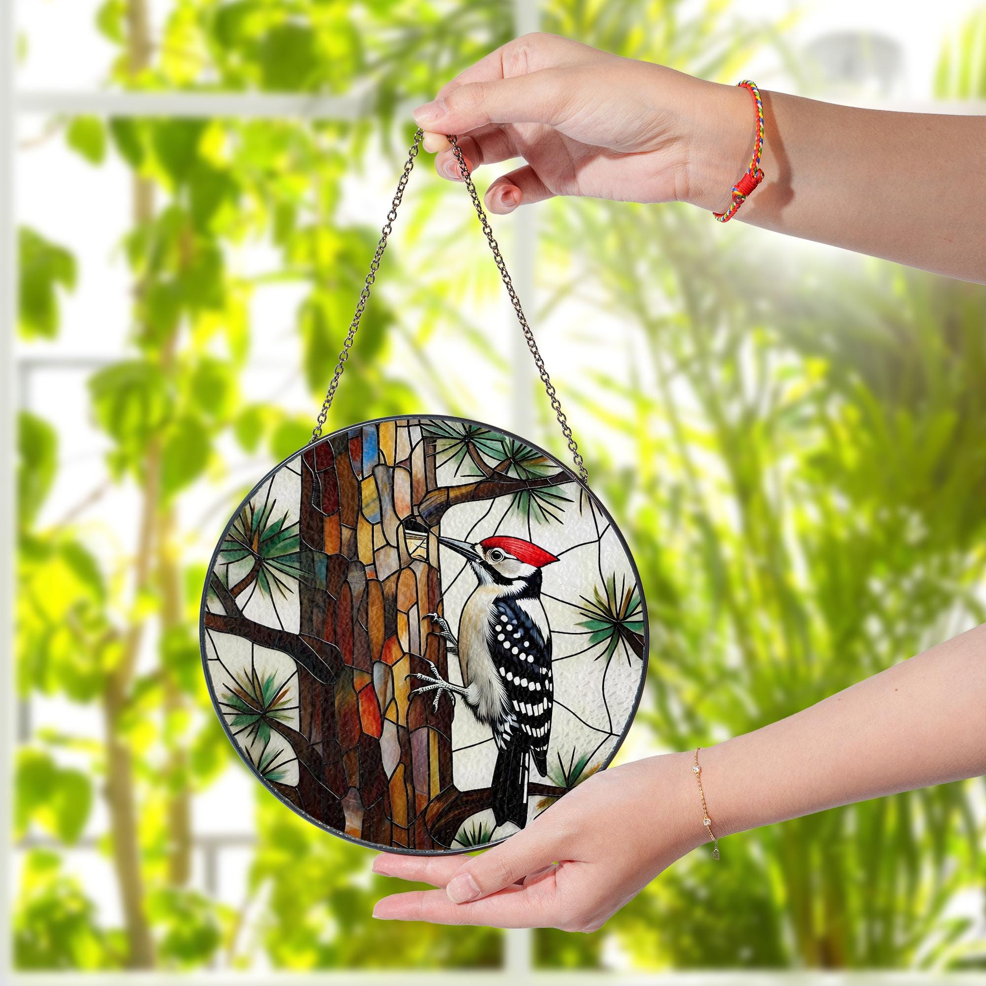 Woodpecker Glass Suncatcher Round Window Hanging, Tree Design Light Catcher, Nature Lover Home Decor Gift, Realistic Bird Art Decor