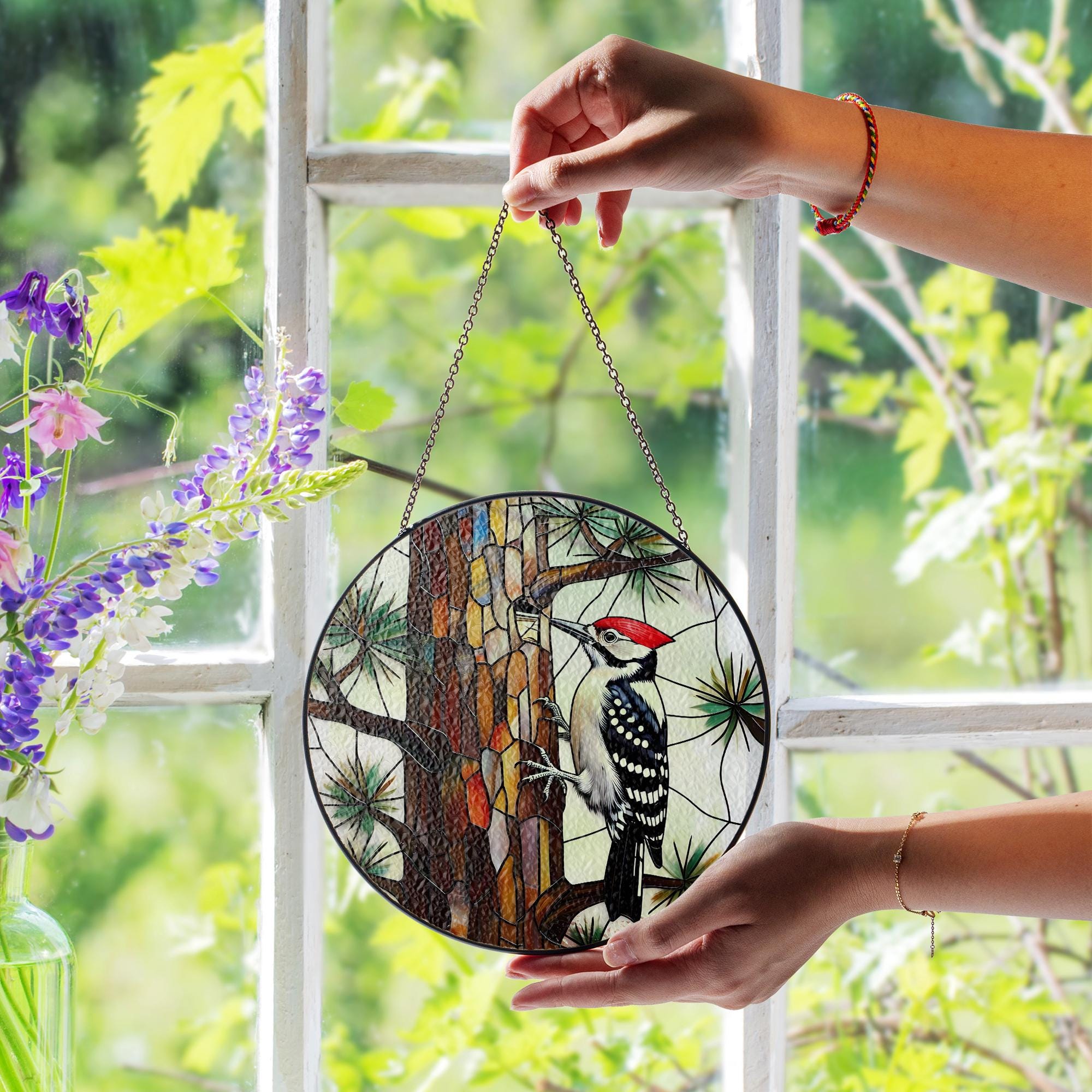 Woodpecker Glass Suncatcher Round Window Hanging, Tree Design Light Catcher, Nature Lover Home Decor Gift, Realistic Bird Art Decor