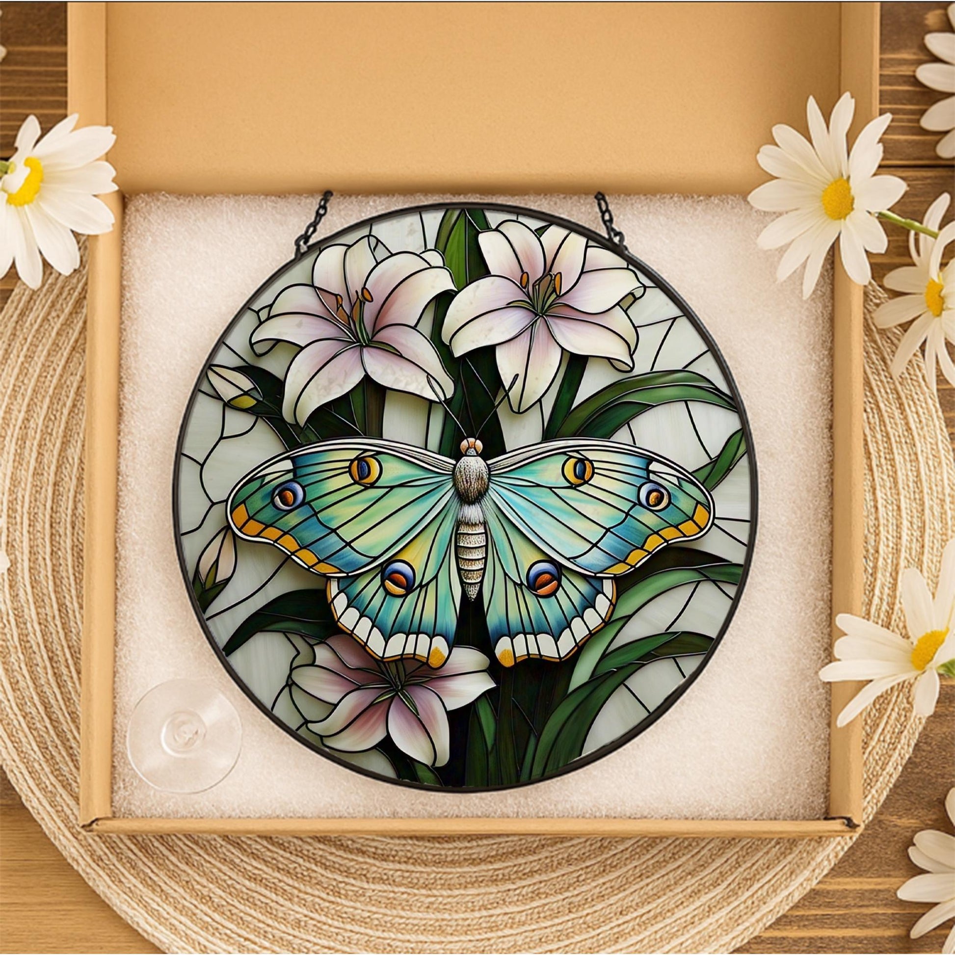 Luna Moth Suncatcher with Lilies Glass Suncatcher, Round Window Hanging Panel, Floral Insect Art, Nature Lover Garden Decor Gift