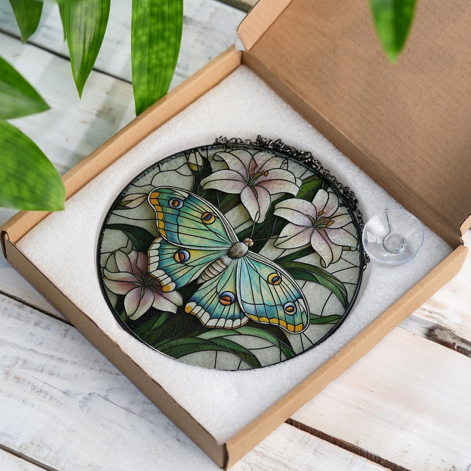 Luna Moth Suncatcher with Lilies Glass Suncatcher, Round Window Hanging Panel, Floral Insect Art, Nature Lover Garden Decor Gift