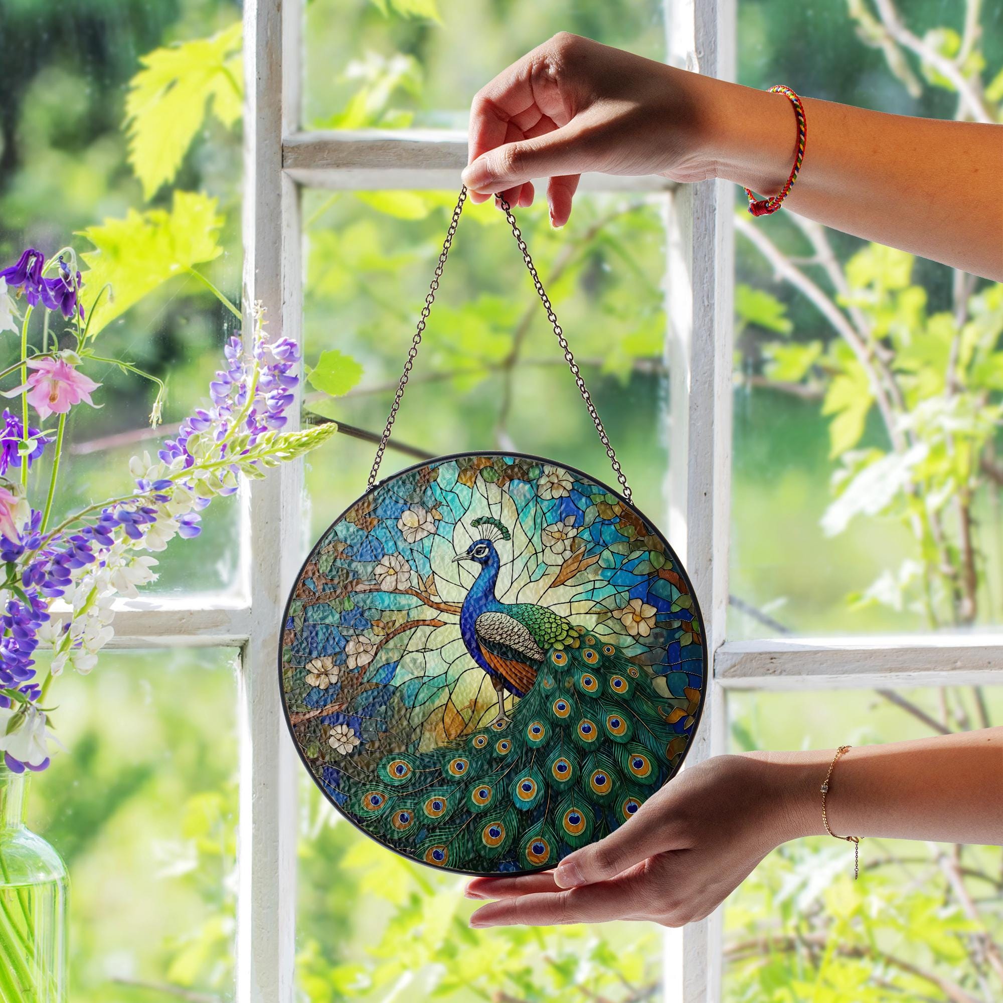 Peacock Glass Suncatcher, Round Window Hanging Art Panel, Colorful Bird Decor, Nature Lover Gift Idea, Colorful Nature Home Decor Art Gift