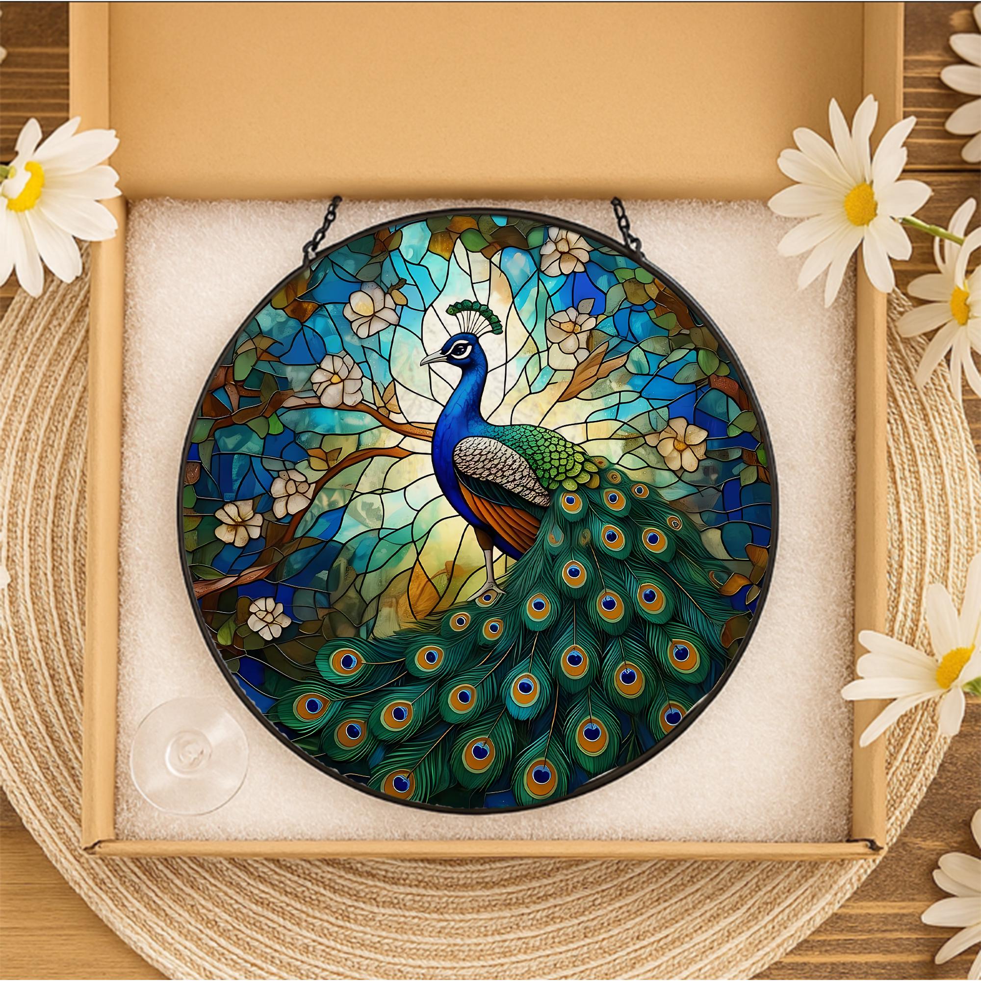 Peacock Glass Suncatcher, Round Window Hanging Art Panel, Colorful Bird Decor, Nature Lover Gift Idea, Colorful Nature Home Decor Art Gift