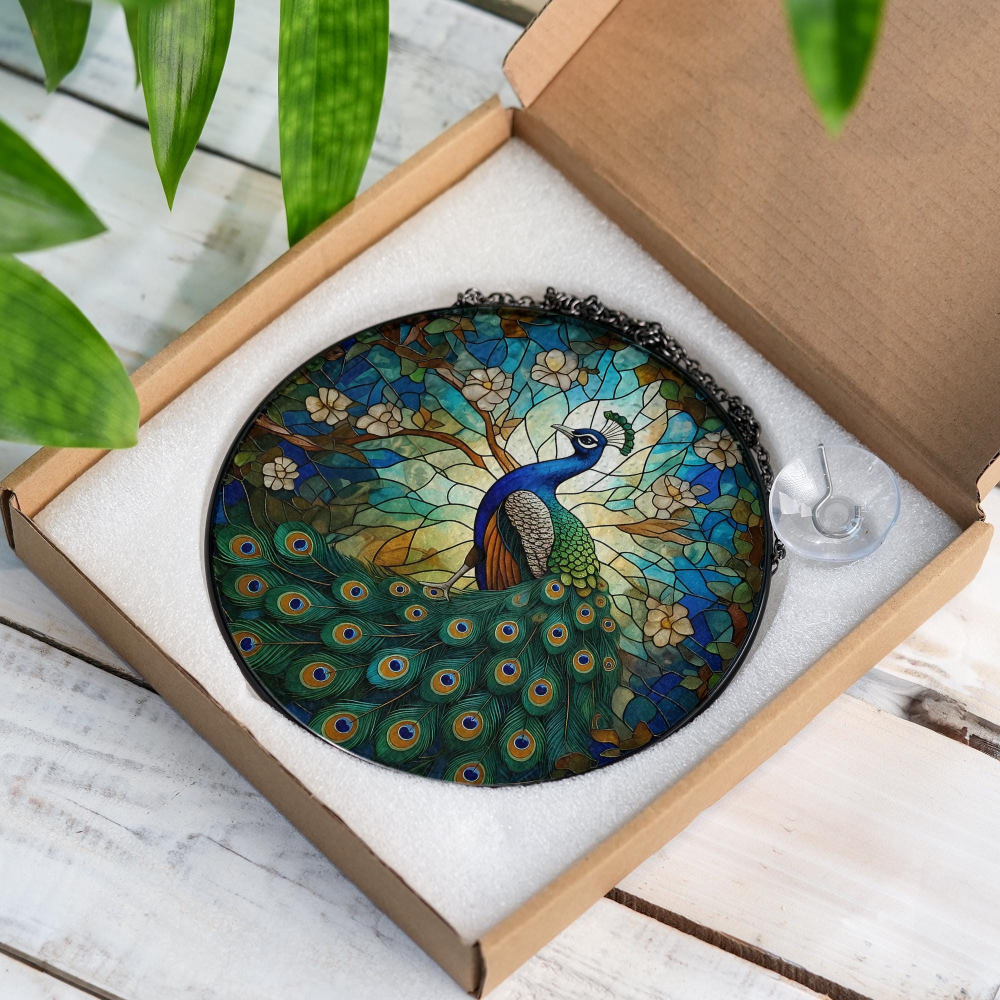 Peacock Glass Suncatcher, Round Window Hanging Art Panel, Colorful Bird Decor, Nature Lover Gift Idea, Colorful Nature Home Decor Art Gift