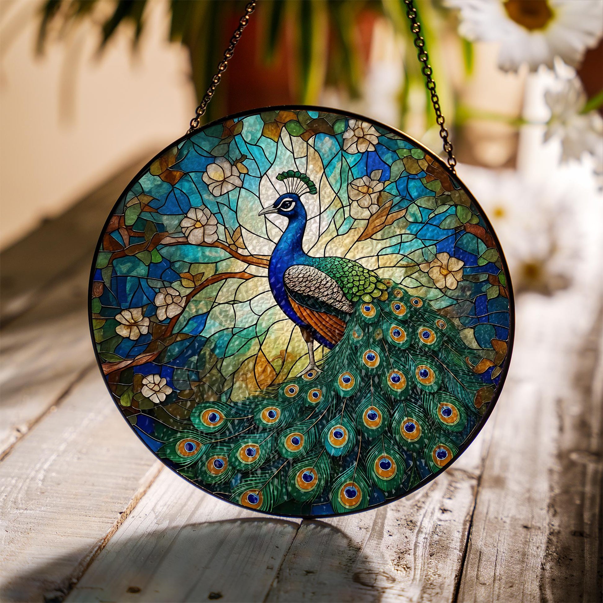 Peacock Glass Suncatcher, Round Window Hanging Art Panel, Colorful Bird Decor, Nature Lover Gift Idea, Colorful Nature Home Decor Art Gift