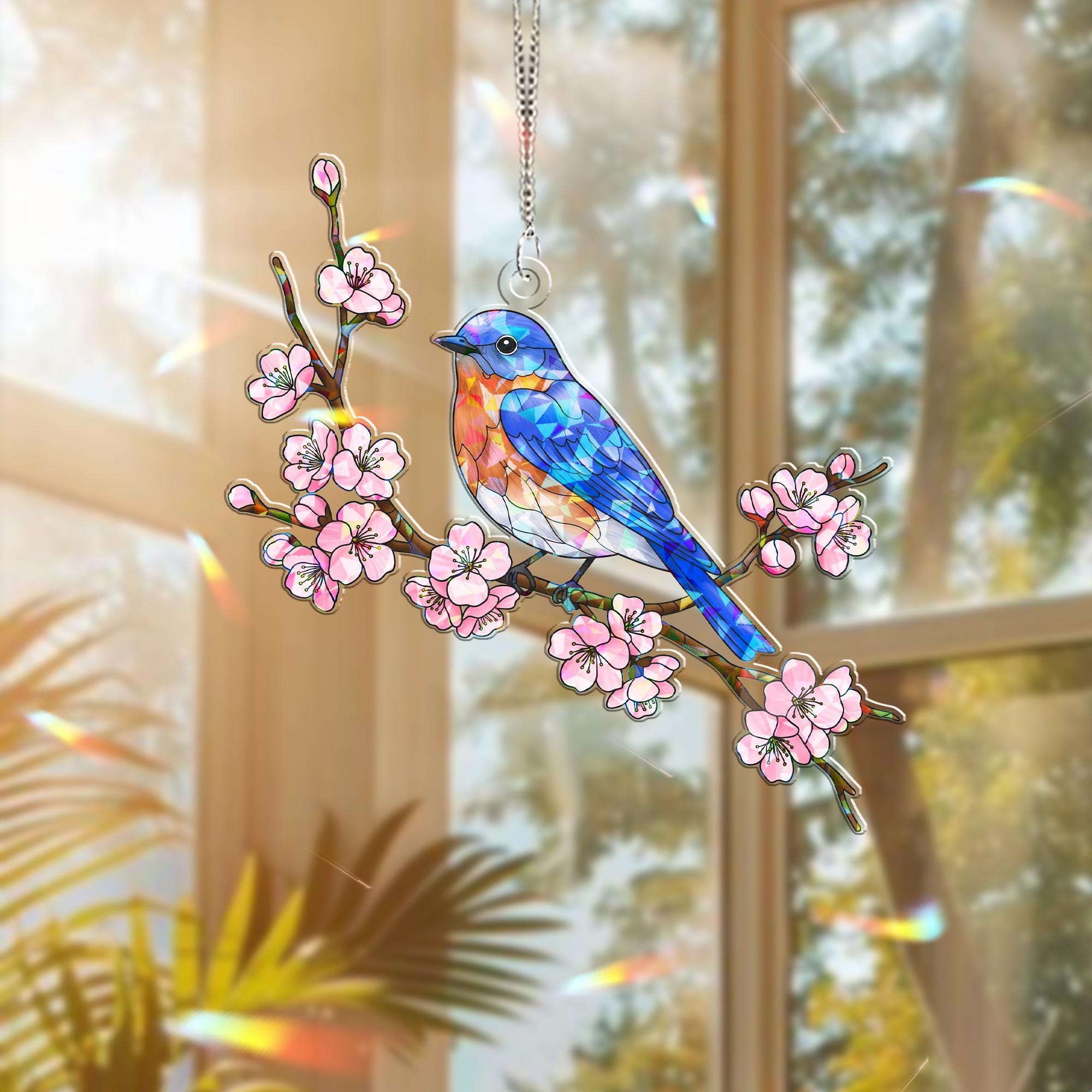 Bluejay with Cherry Blossoms Hologram Acrylic Window Hanging – Nature Bird Decor – Mother's Day Gift – Animal Lover Sun Catcher