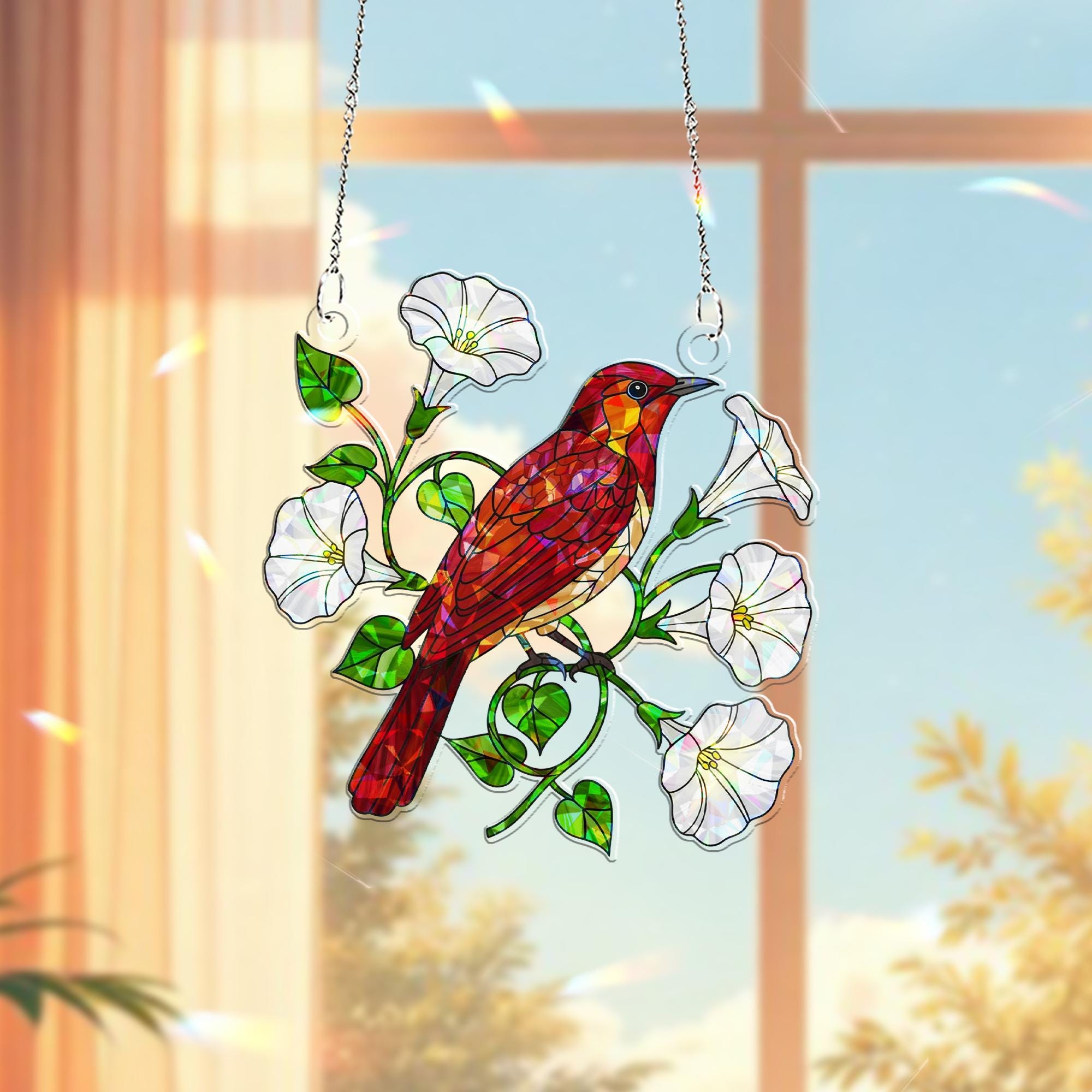 Nightingale & Moonflower Hologram Acrylic Window Hanging – Celestial Bird Decor – Animal Lover Gift – Mother’s Day Gift Idea