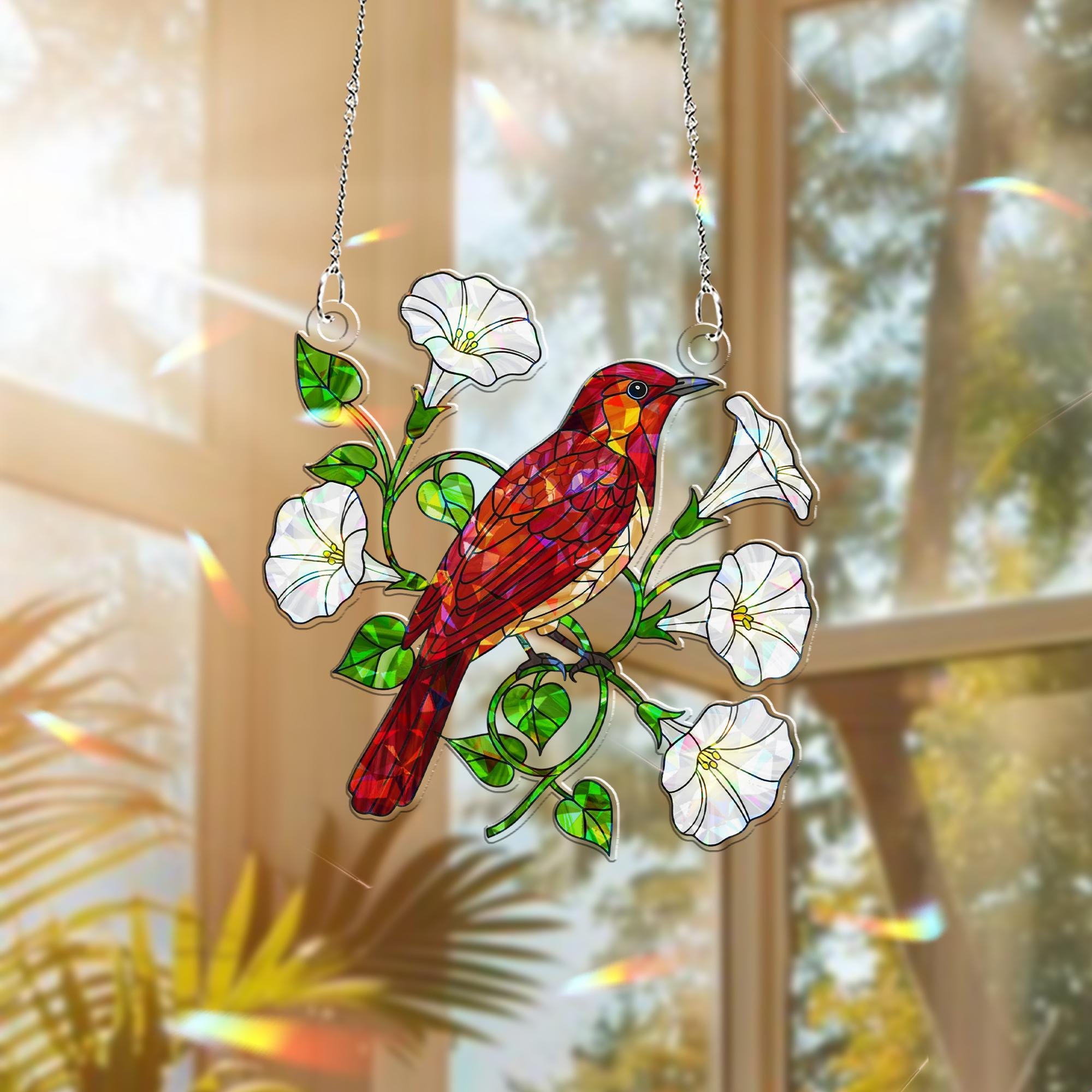 Nightingale & Moonflower Hologram Acrylic Window Hanging – Celestial Bird Decor – Animal Lover Gift – Mother’s Day Gift Idea