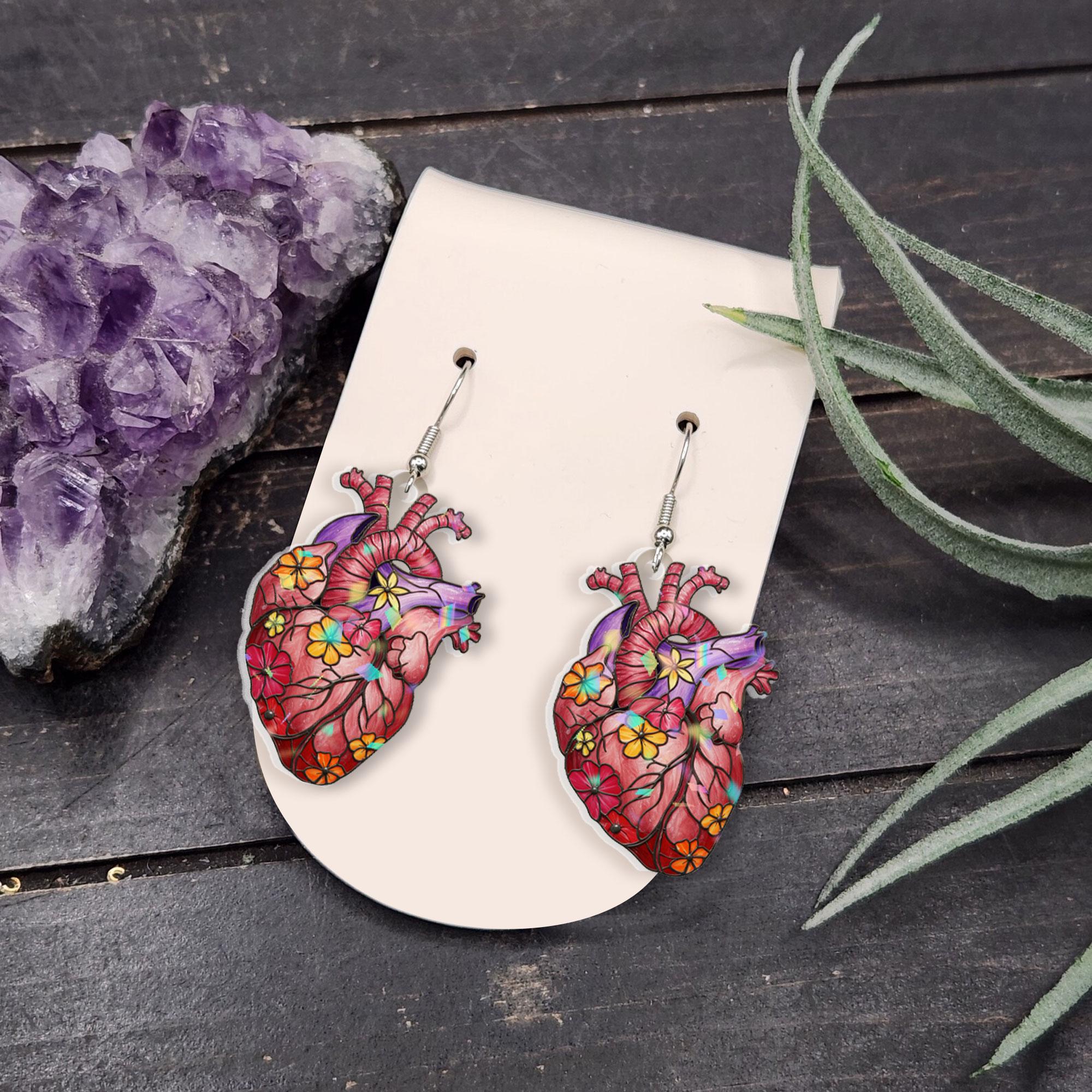 Anatomical Heart Earrings with Colorful Flowers, Whimsical Floral Human Heart Dangles, Unique Statement Acrylic Jewelry Gift for Her Nurse