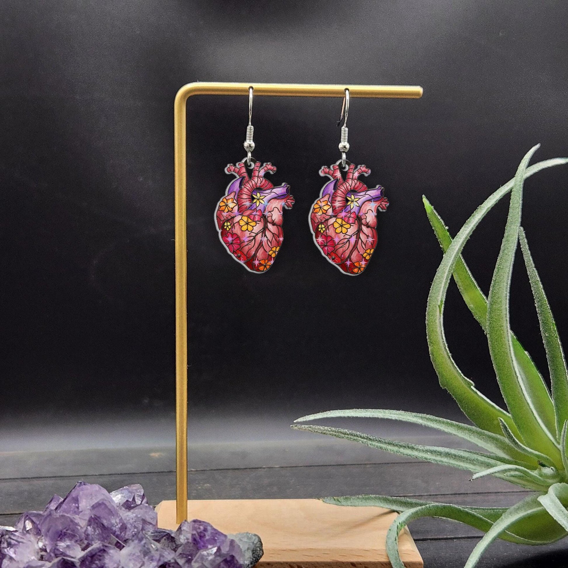 Anatomical Heart Earrings with Colorful Flowers, Whimsical Floral Human Heart Dangles, Unique Statement Acrylic Jewelry Gift for Her Nurse