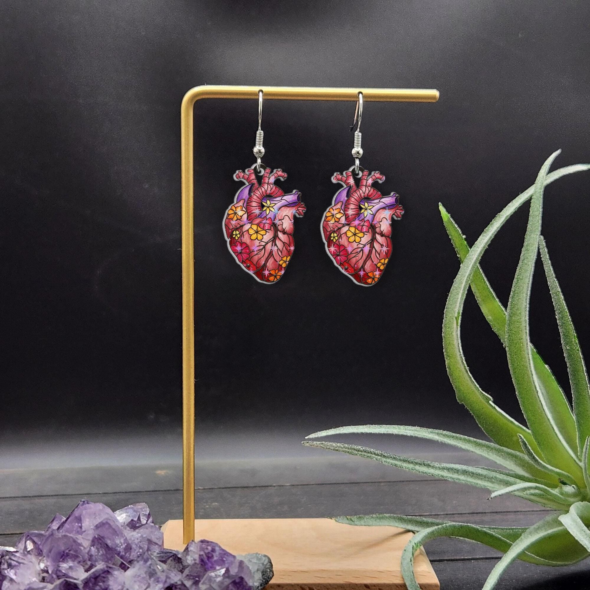 Anatomical Heart Earrings with Colorful Flowers, Whimsical Floral Human Heart Dangles, Unique Statement Acrylic Jewelry Gift for Her Nurse