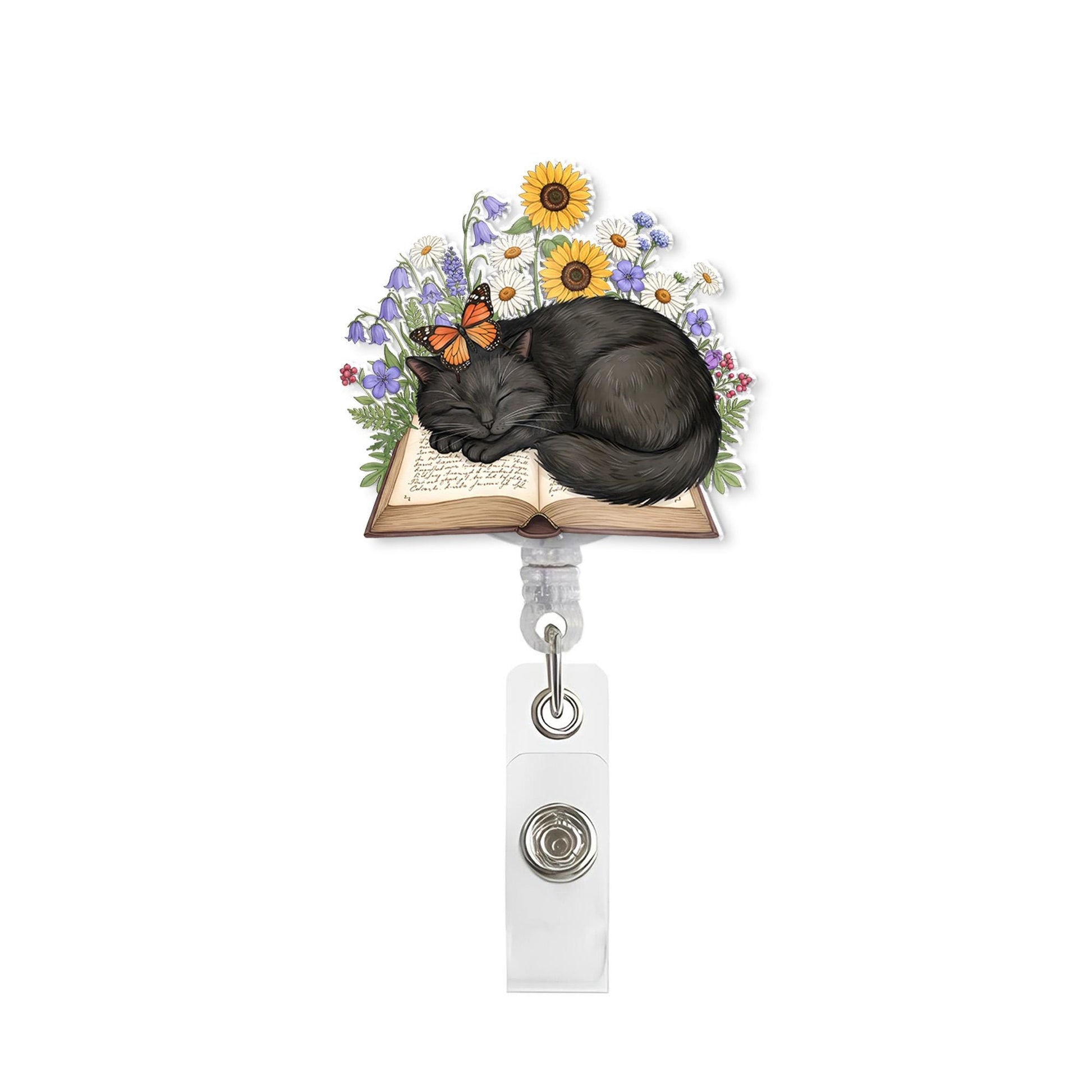 Cute Black Cat Napping on Book Wildflower Badge Reel, Floral ID Holder, Retractable Gift for Nurse Teacher Librarian Book Lover Cat Mom