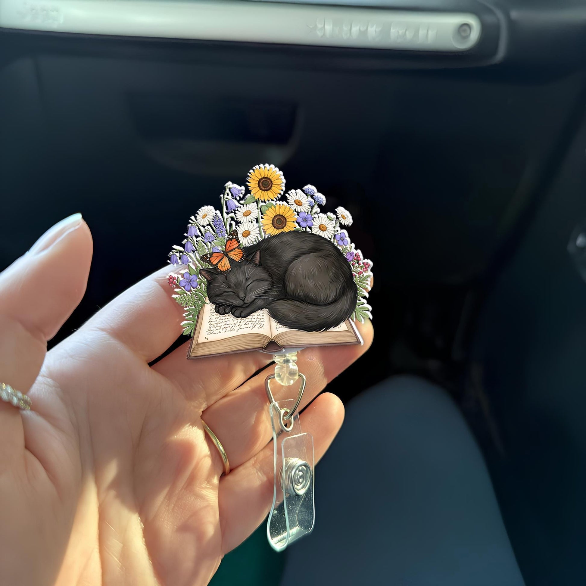 Cute Black Cat Napping on Book Wildflower Badge Reel, Floral ID Holder, Retractable Gift for Nurse Teacher Librarian Book Lover Cat Mom