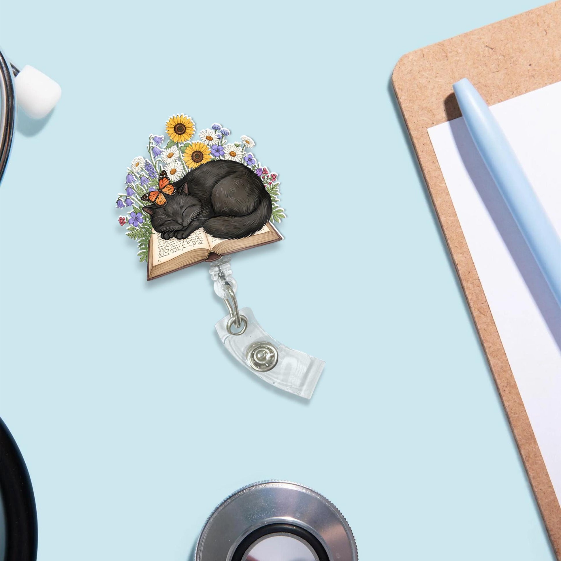 Cute Black Cat Napping on Book Wildflower Badge Reel, Floral ID Holder, Retractable Gift for Nurse Teacher Librarian Book Lover Cat Mom