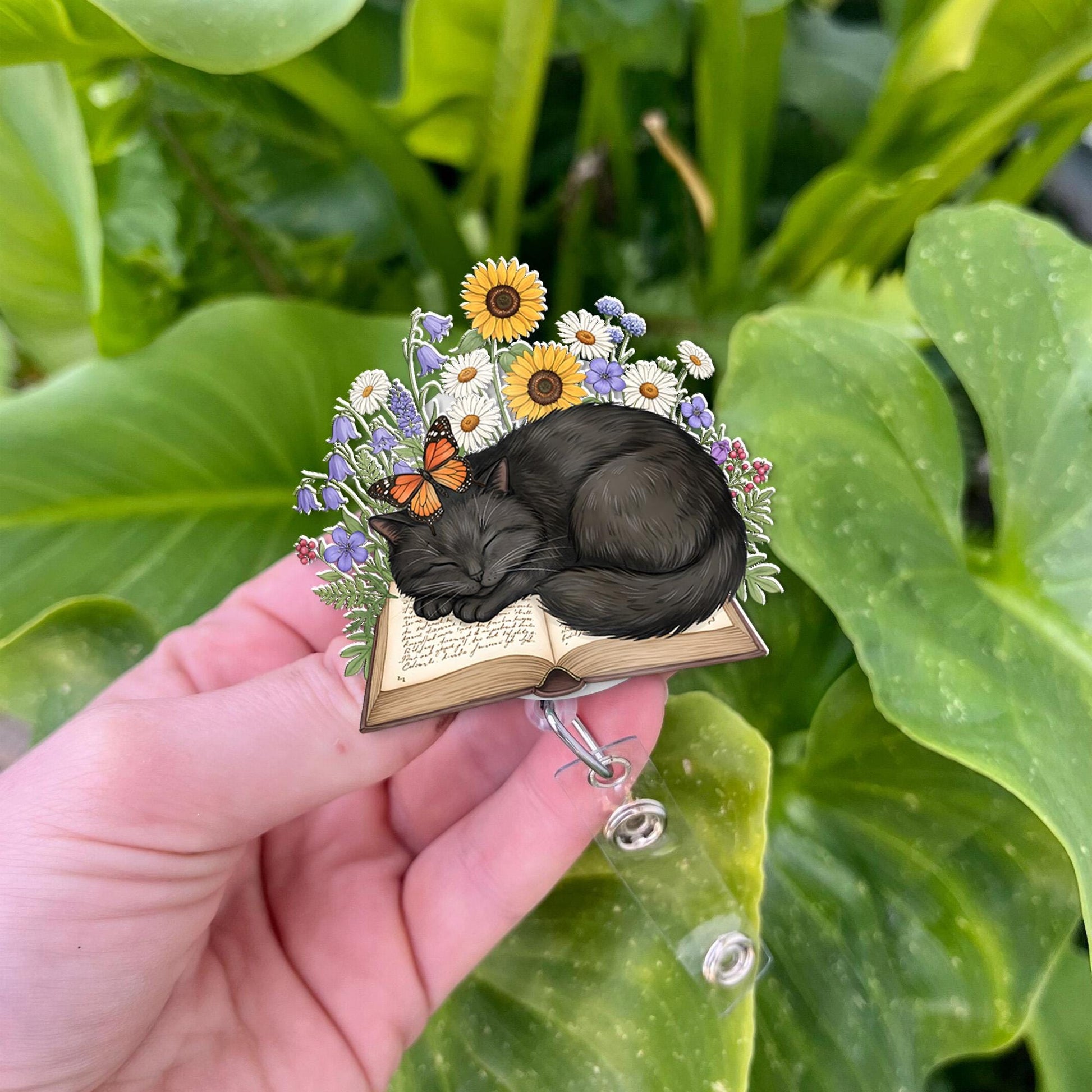 Cute Black Cat Napping on Book Wildflower Badge Reel, Floral ID Holder, Retractable Gift for Nurse Teacher Librarian Book Lover Cat Mom