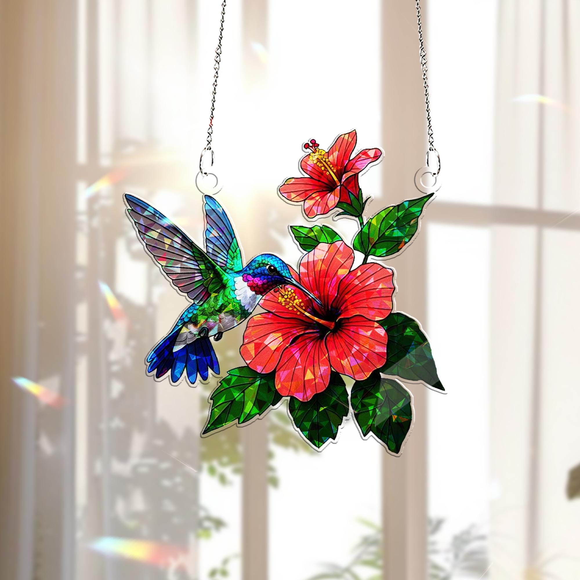 Hummingbird with Hibiscus Hologram Acrylic Window Hanging – Tropical Bird Decor – Animal Lover Gift – Mother’s Day Gift Idea