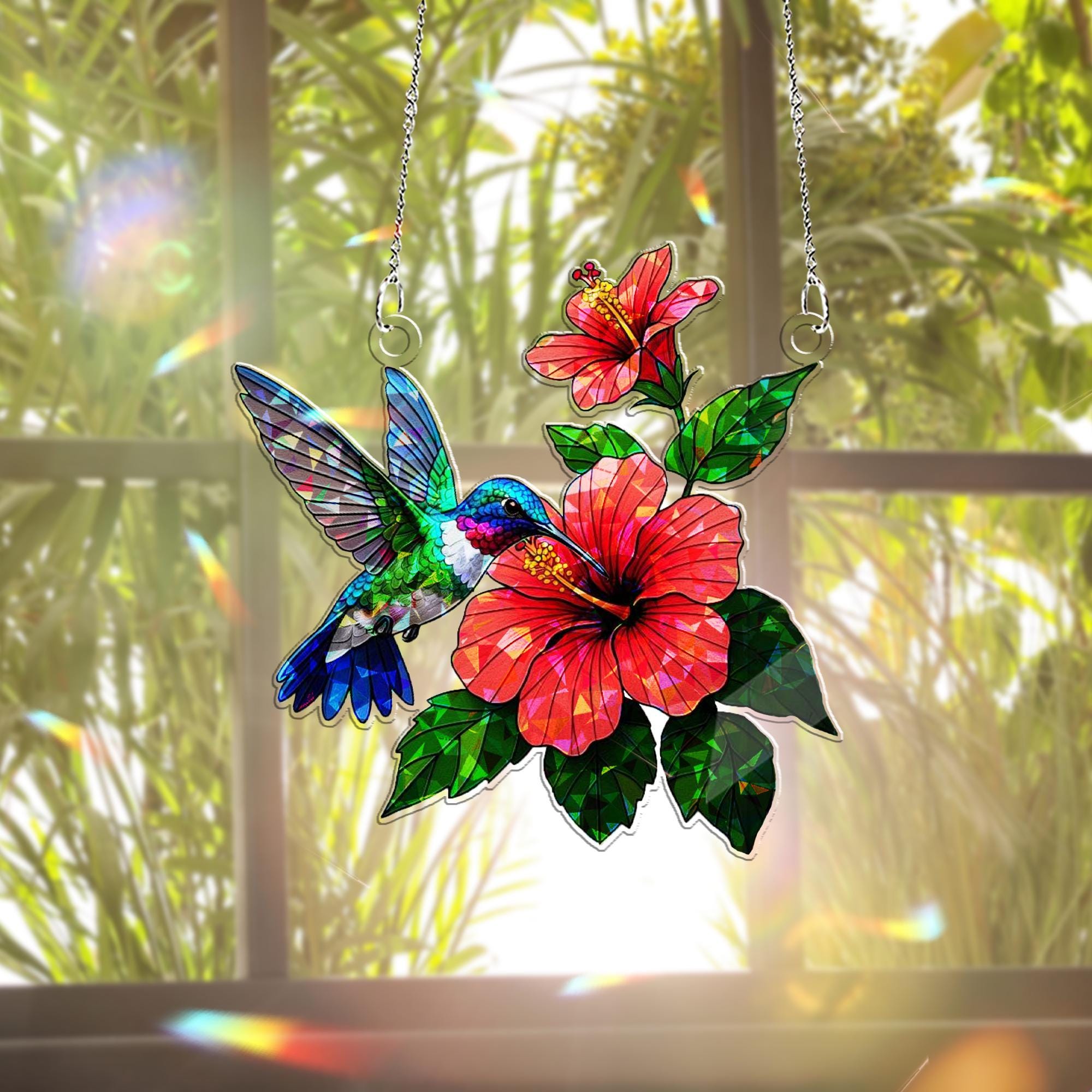 Hummingbird with Hibiscus Hologram Acrylic Window Hanging – Tropical Bird Decor – Animal Lover Gift – Mother’s Day Gift Idea