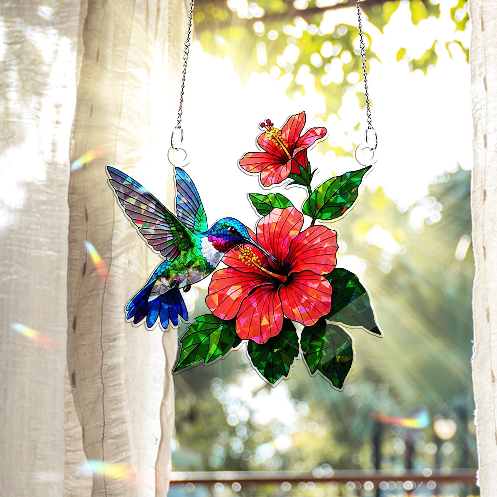 Hummingbird with Hibiscus Hologram Acrylic Window Hanging – Tropical Bird Decor – Animal Lover Gift – Mother’s Day Gift Idea
