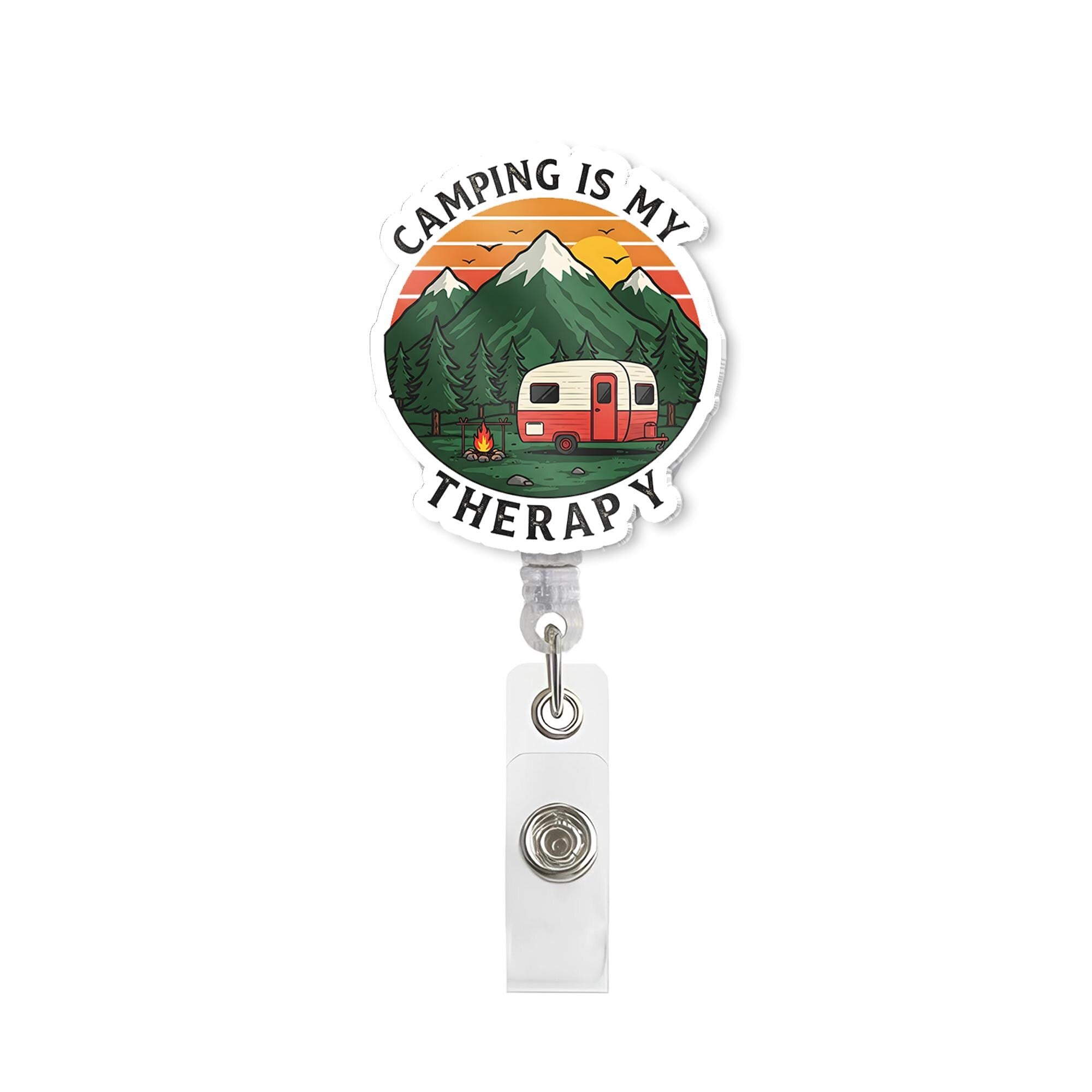 Camping is My Therapy Badge Reel | Cute Camper RV Mountain Retractable ID Holder | Nurse Gift | Teacher Gift | Outdoor Lover Accessory