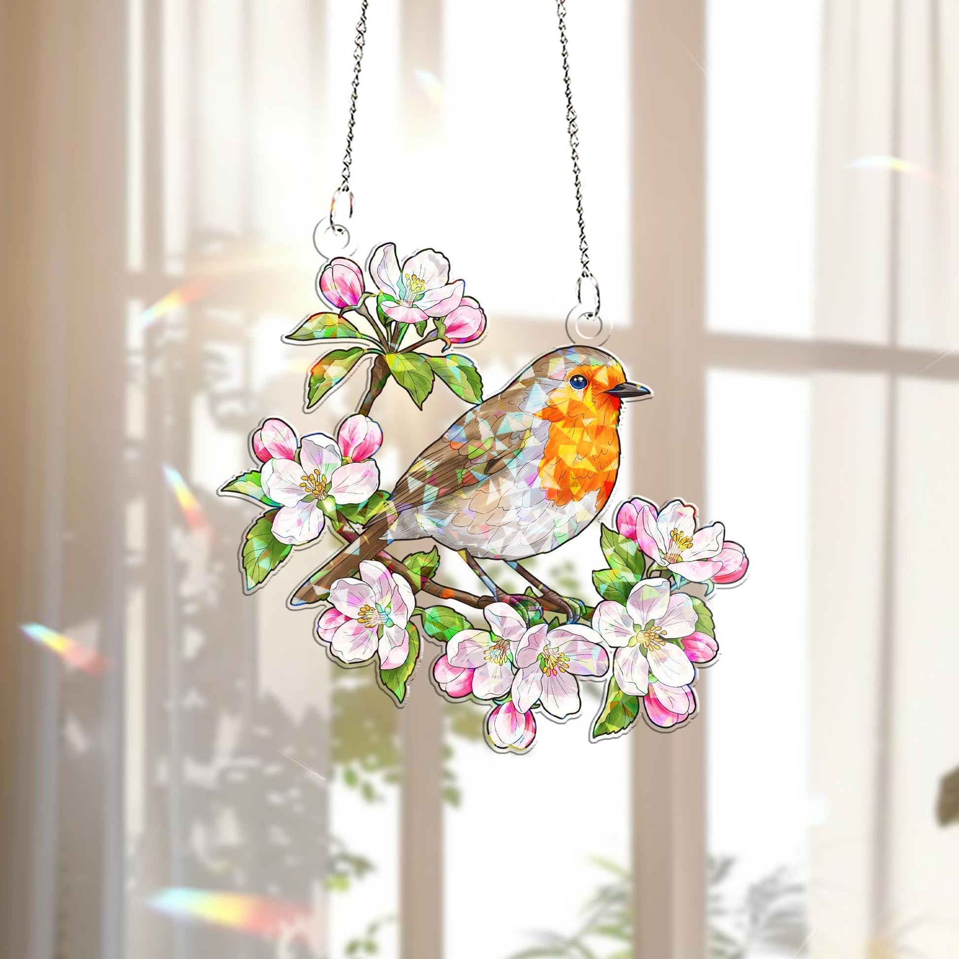 Robin & Apple Blossoms Hologram Acrylic Window Hanging – Spring Bird Decor – Mother’s Day Gift – Flower Lover Window Art