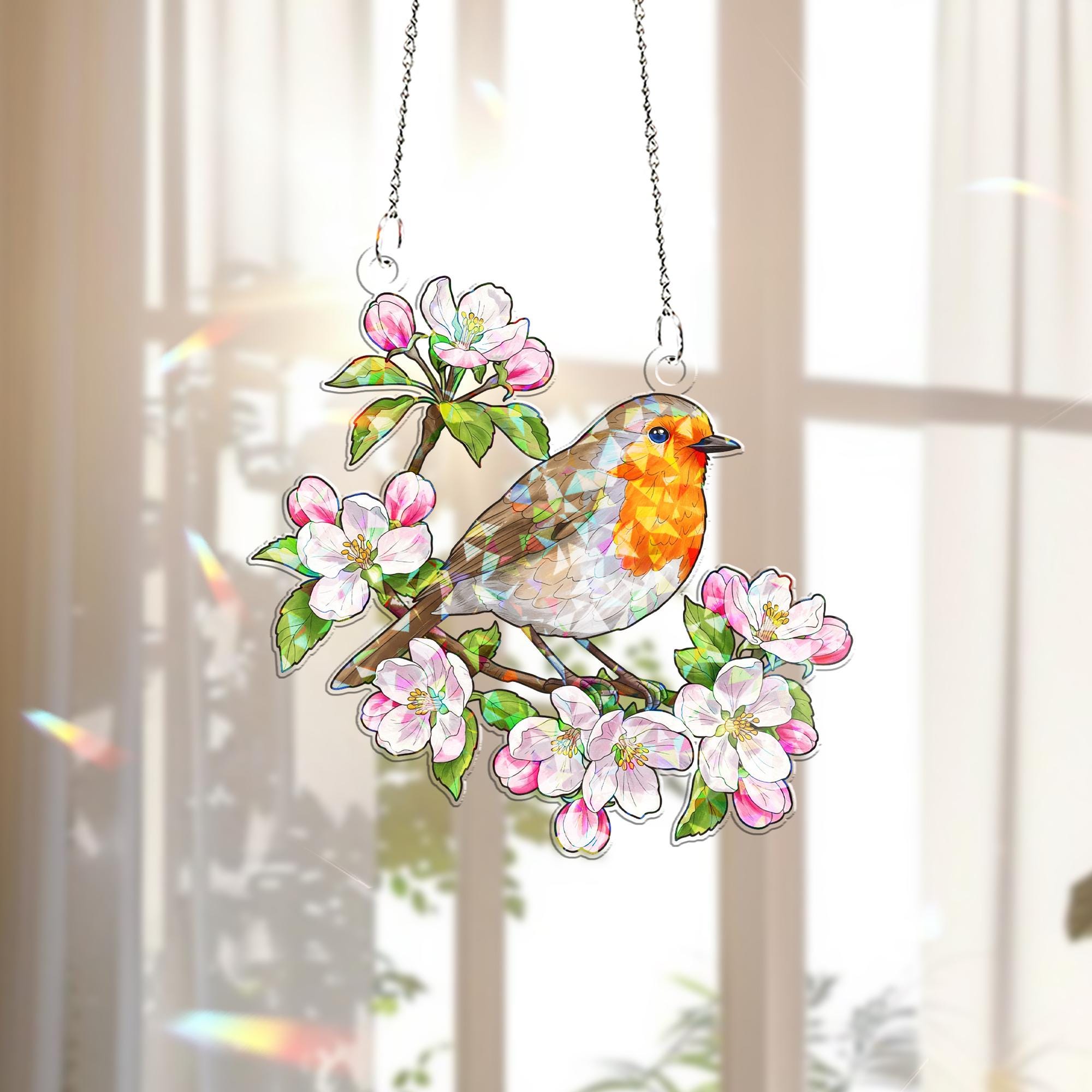 Robin & Apple Blossoms Hologram Acrylic Window Hanging – Spring Bird Decor – Mother’s Day Gift – Flower Lover Window Art
