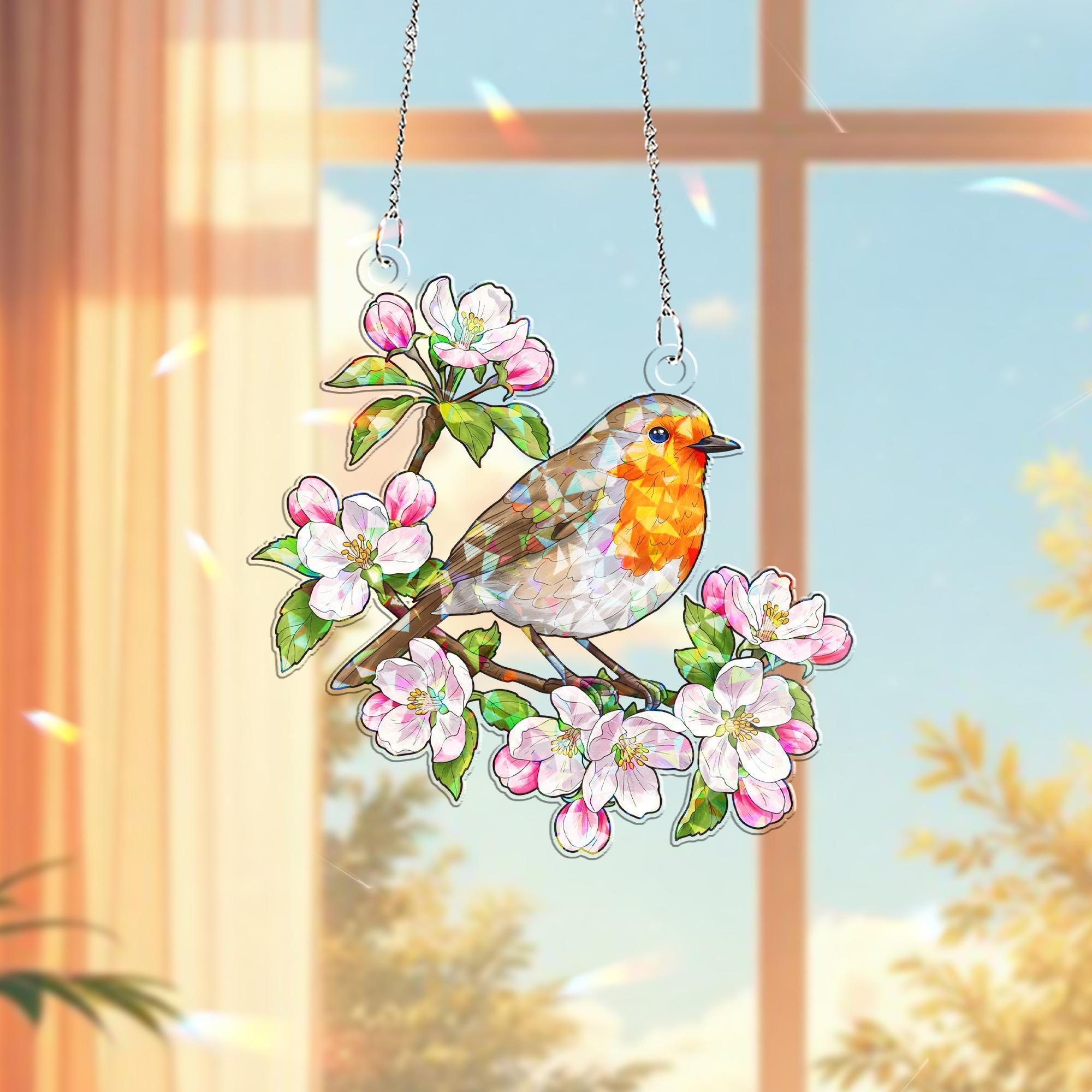 Robin & Apple Blossoms Hologram Acrylic Window Hanging – Spring Bird Decor – Mother’s Day Gift – Flower Lover Window Art