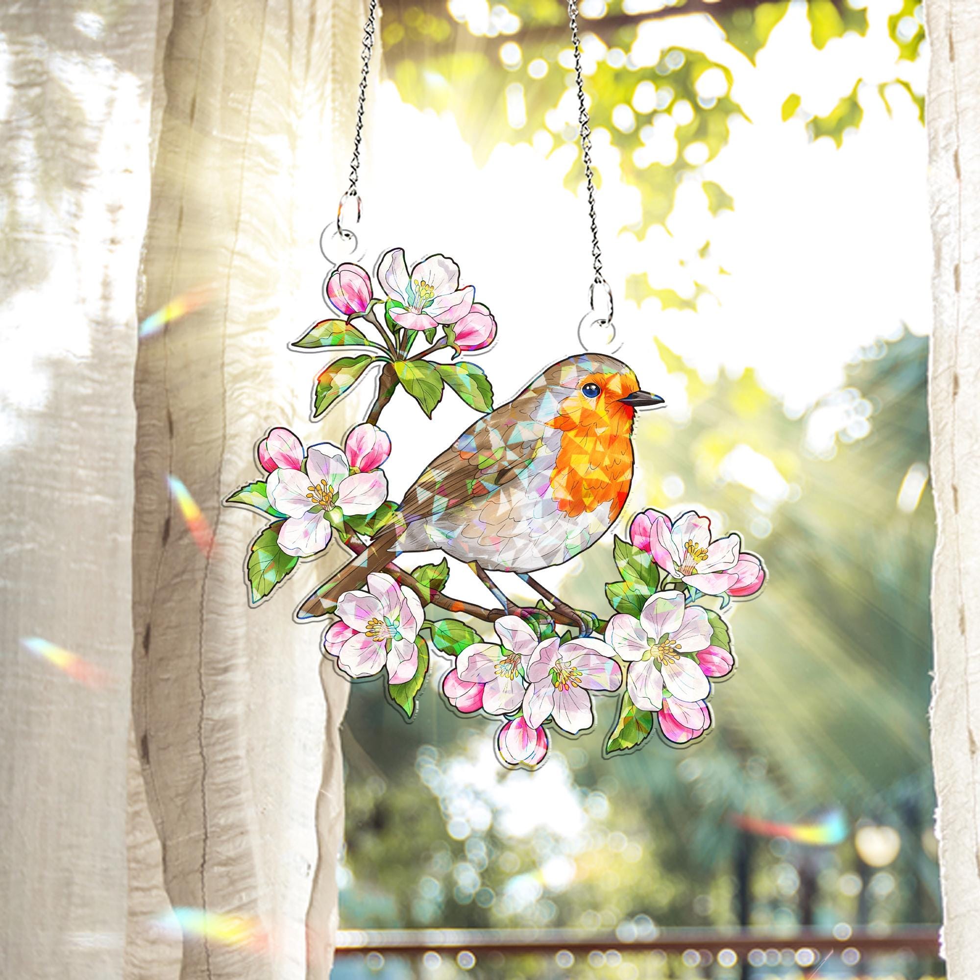 Robin & Apple Blossoms Hologram Acrylic Window Hanging – Spring Bird Decor – Mother’s Day Gift – Flower Lover Window Art