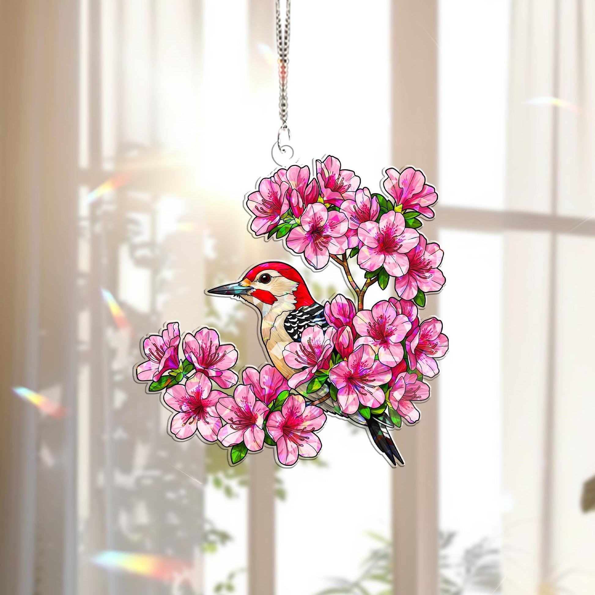 Woodpecker & Azalea Hologram Acrylic Window Hanging – Floral Bird Decor – Mother’s Day Gift – Flower Lover Window Art