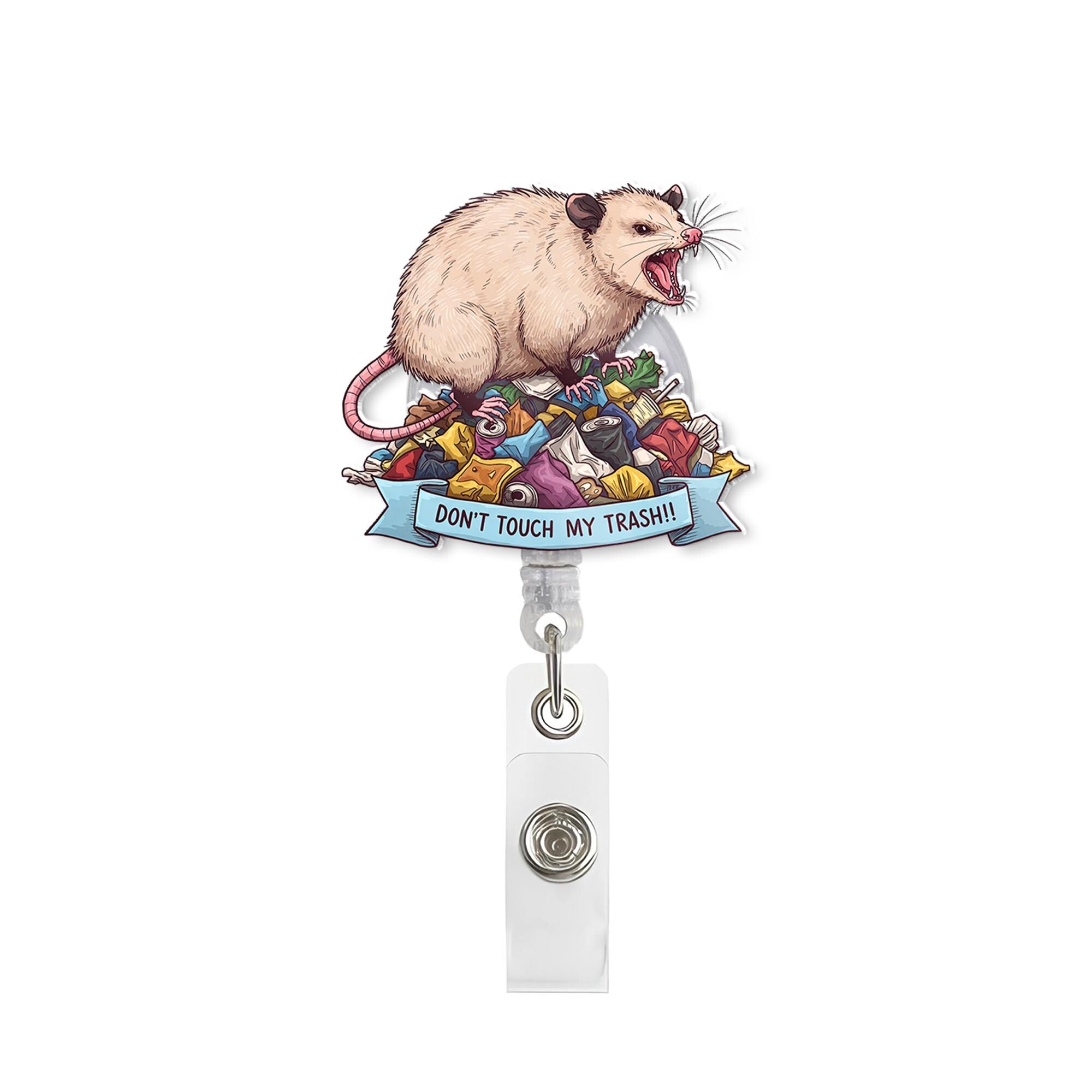 Don't Touch My Trash Possum Badge Reel, Funny Hissing Opossum Retractable ID Holder Clip, Nurse Gift RN Medical Staff Teacher Office Humor