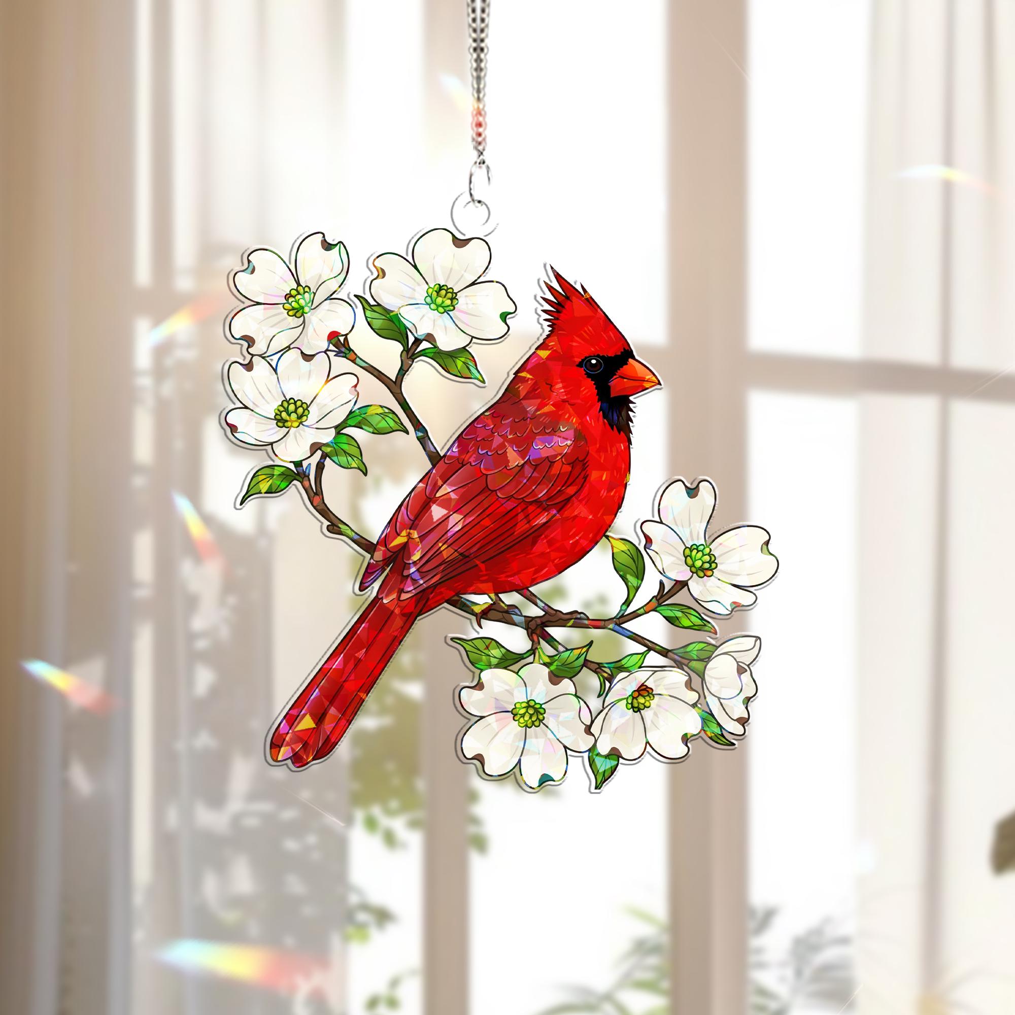 Cardinal & Dogwood Hologram Acrylic Window Hanging – Red Bird Floral Decor – Mother’s Day Gift – Flower Lover Window Art