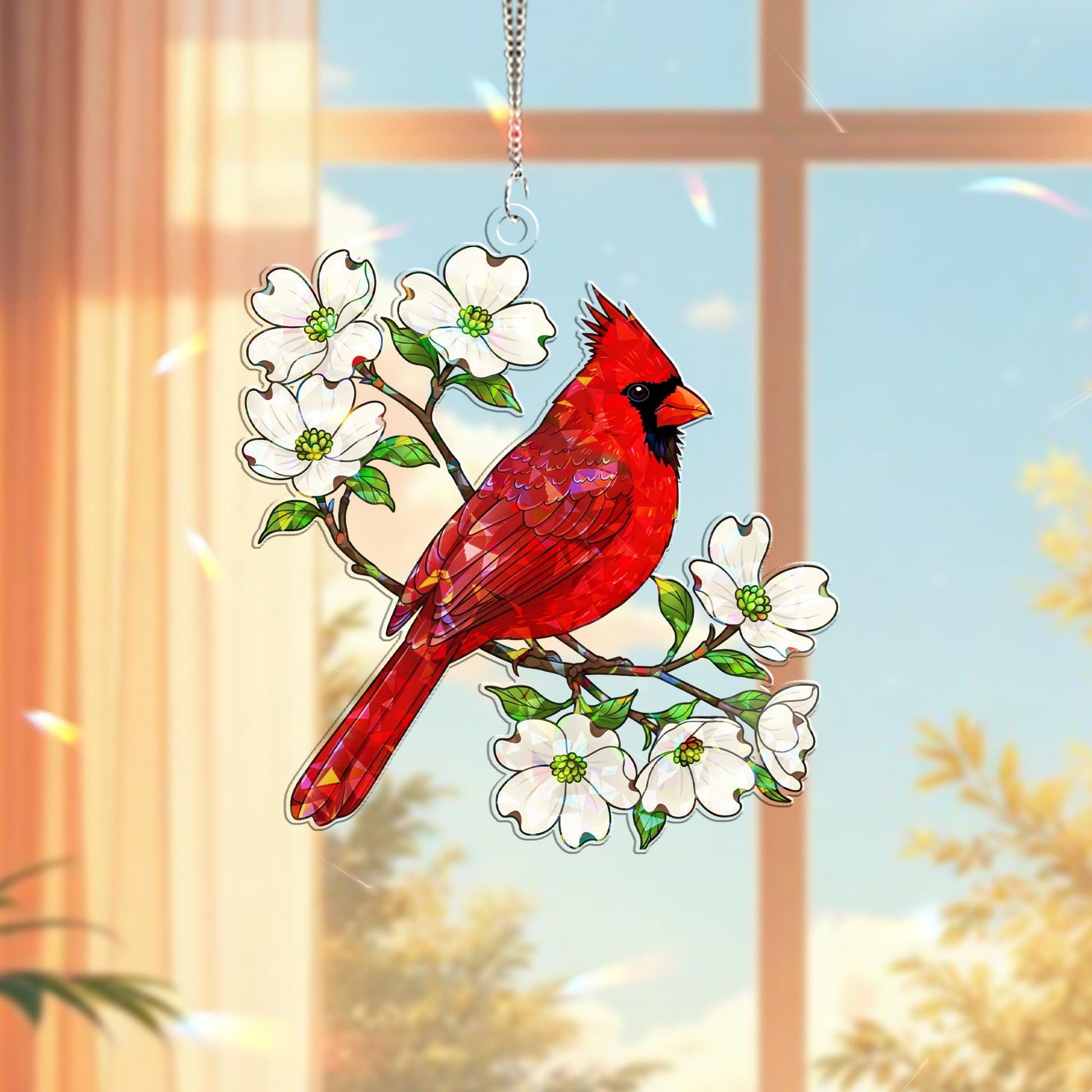 Cardinal & Dogwood Hologram Acrylic Window Hanging – Red Bird Floral Decor – Mother’s Day Gift – Flower Lover Window Art