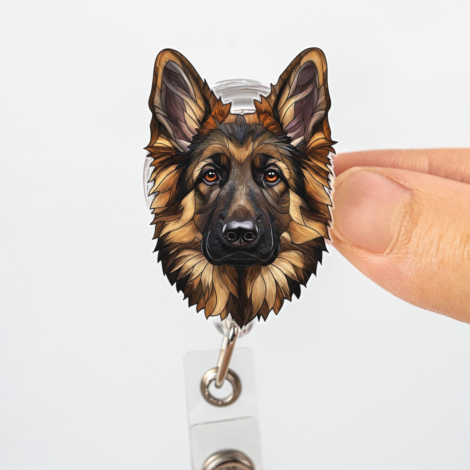 German Shepherd Badge Reel Retractable ID Holder Clip, Illustrated GSD Dog Head, Cute Gift for Nurse Teacher Vet Tech Office Dog Lover