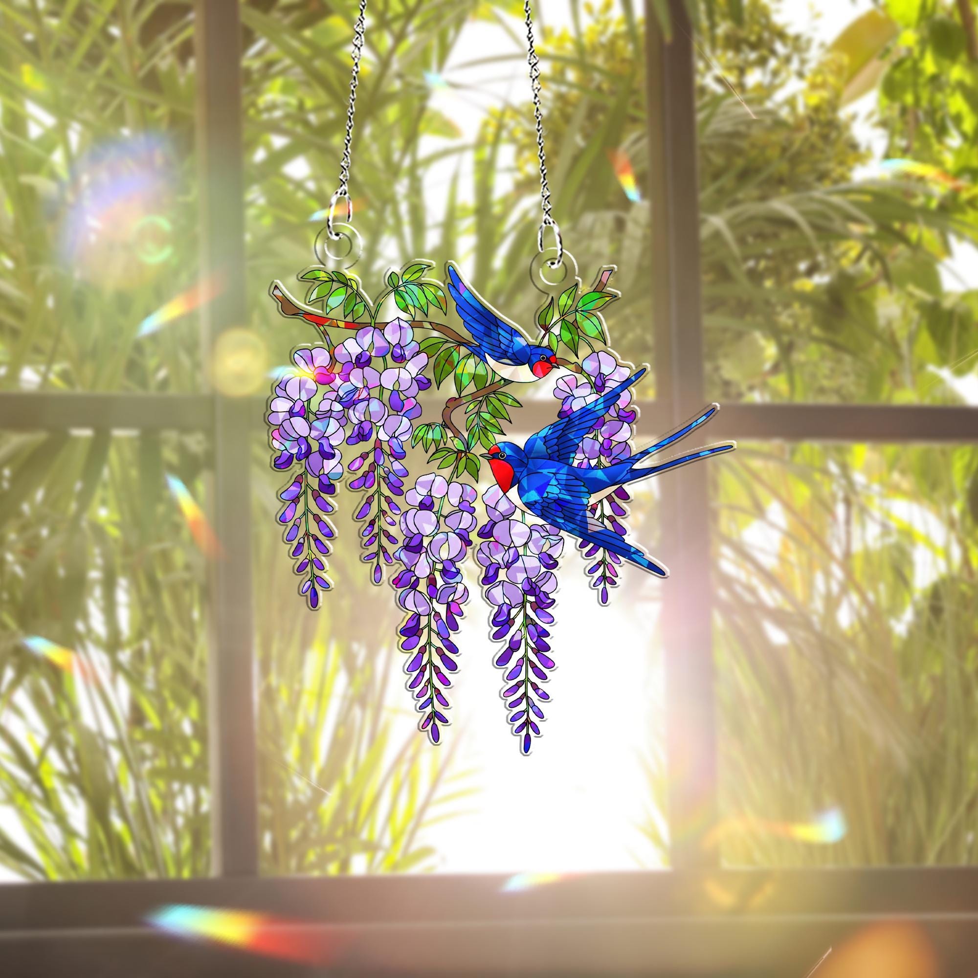 Swallow & Wisteria Hologram Acrylic Window Hanging – Bird and Floral Decor – Mother’s Day Gift – Flower Lover – Spring Window Art
