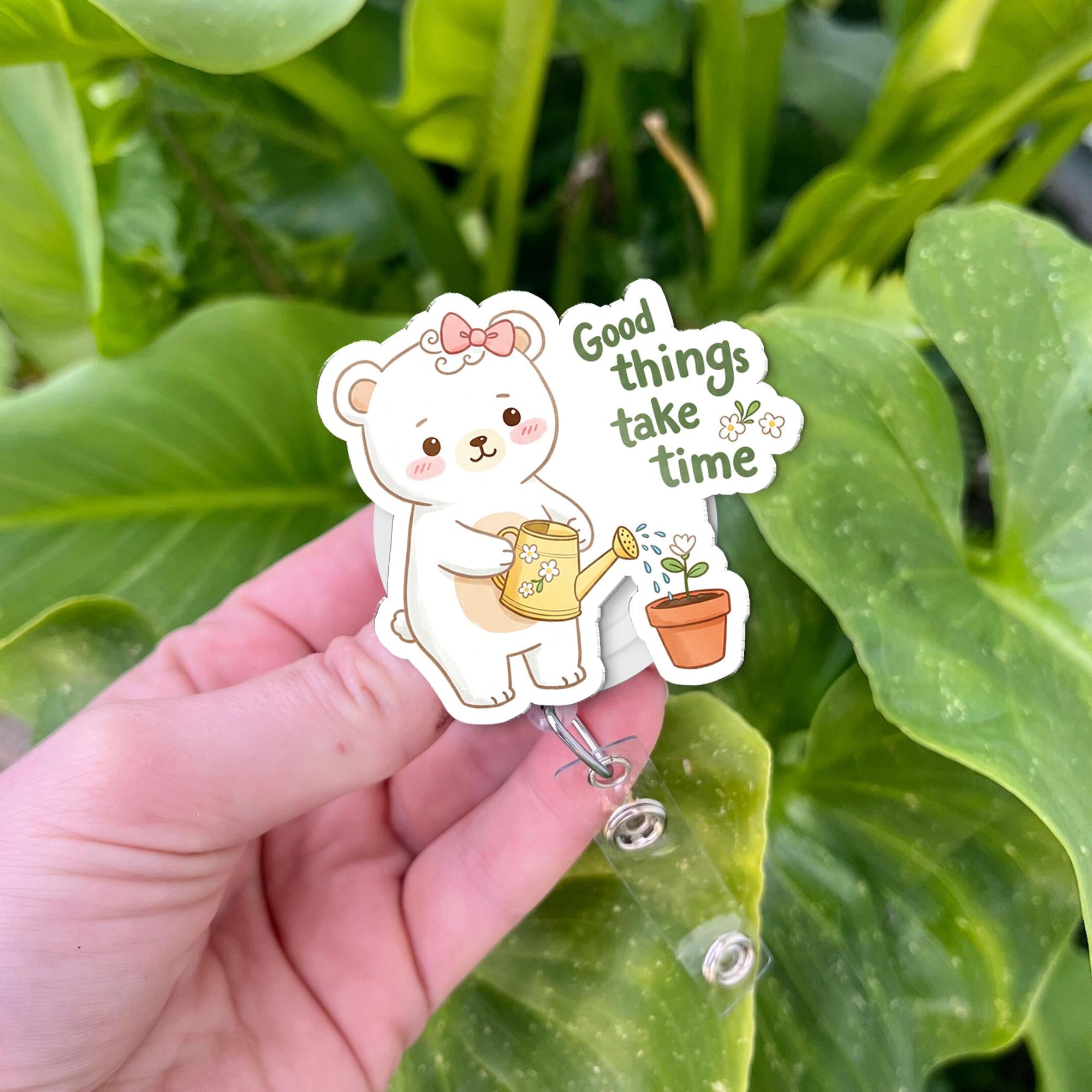 Cute Bear Watering Plant Badge Reel "Good Things Take Time", Kawaii Inspirational Quote ID Holder, Retractable Clip for Nurse, Teacher Gift