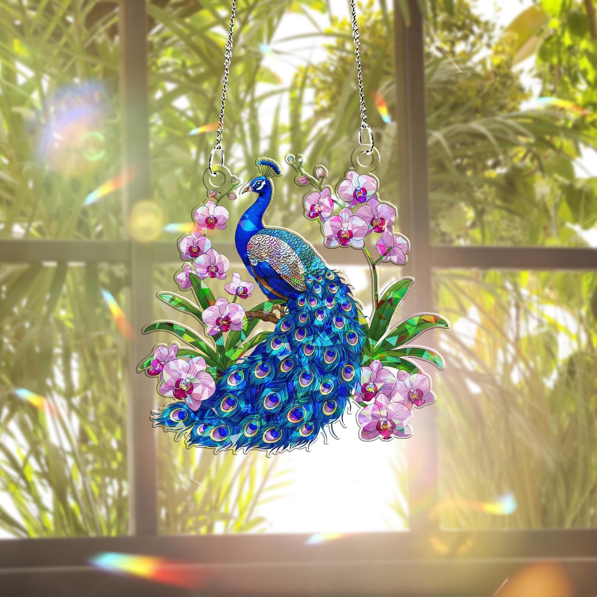 Peacock & Orchids Hologram Acrylic Window Hanging – Elegant Bird and Floral Decor – Mother’s Day Gift – Flower Lover Gift Idea