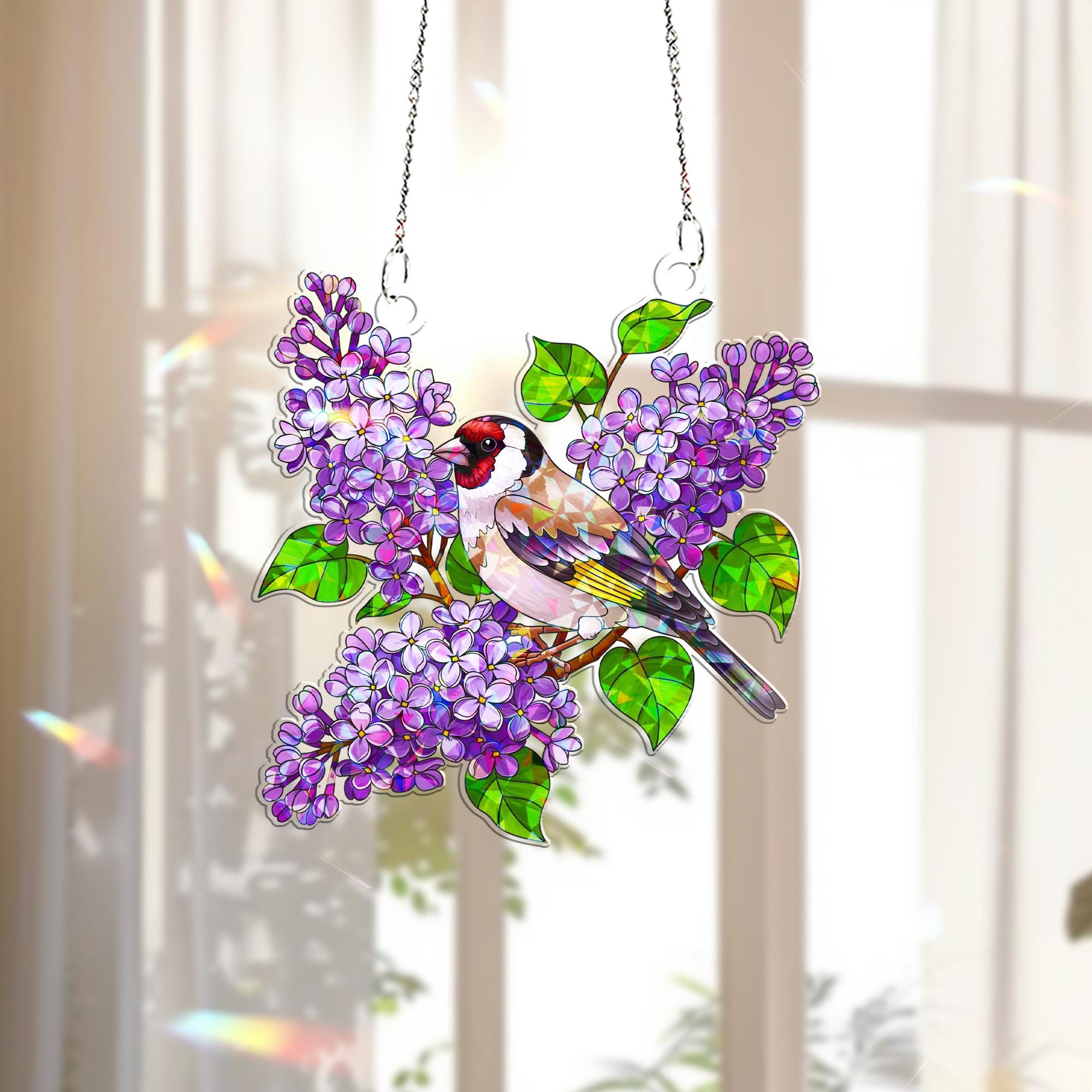 Finch & Lilacs Hologram Acrylic Window Hanging – Spring Bird, Floral Decor – Mother’s Day Gift – Flower and Bird Lover Gift
