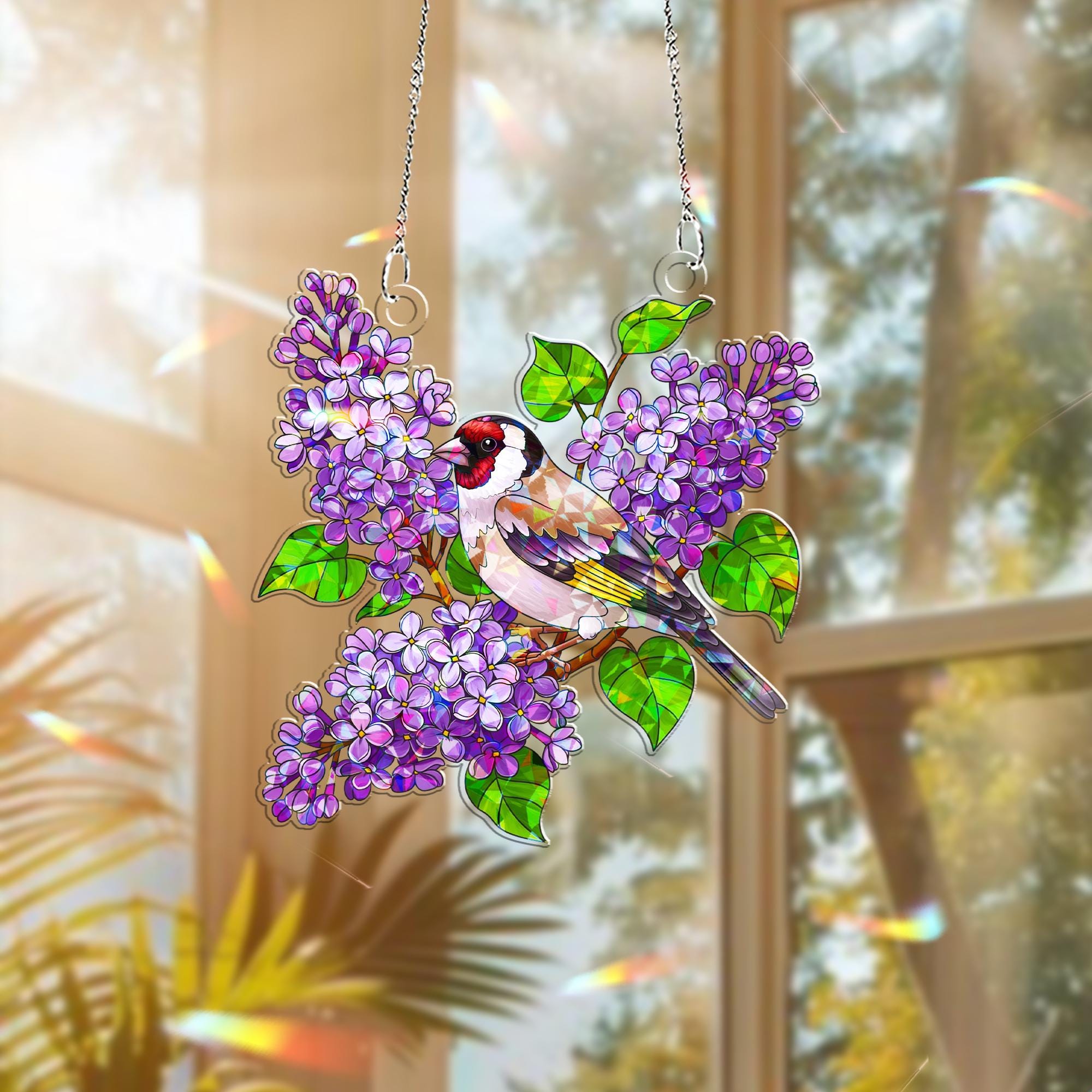 Finch & Lilacs Hologram Acrylic Window Hanging – Spring Bird, Floral Decor – Mother’s Day Gift – Flower and Bird Lover Gift