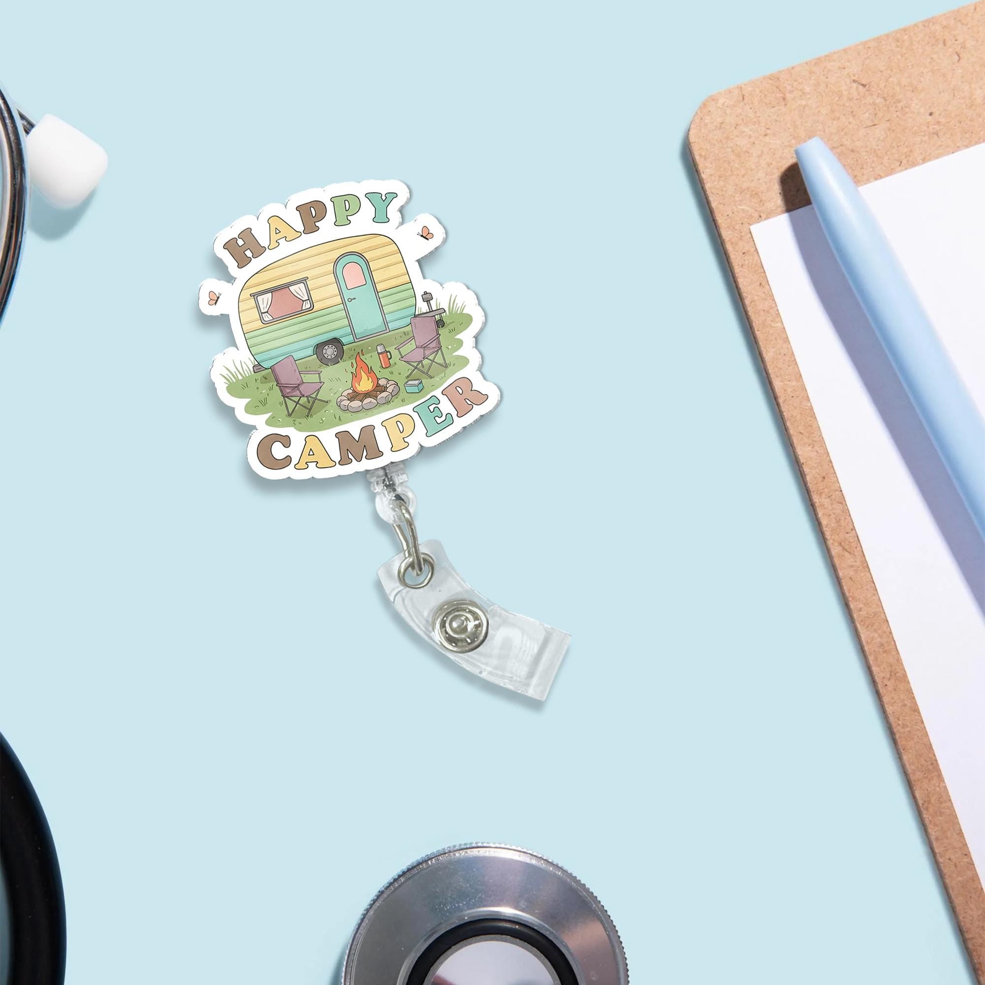 Cute Happy Camper Acrylic Badge Reel, Retro Camping ID Holder, Outdoorsy Gift for Nurse Teacher Office Staff, Fun Accessory