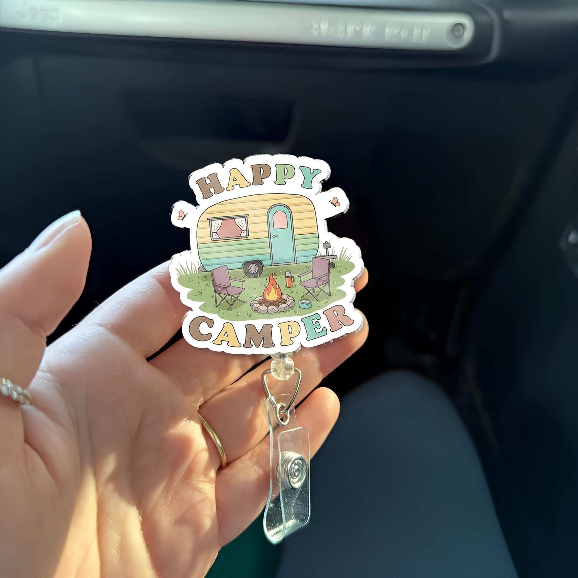 Cute Happy Camper Acrylic Badge Reel, Retro Camping ID Holder, Outdoorsy Gift for Nurse Teacher Office Staff, Fun Accessory