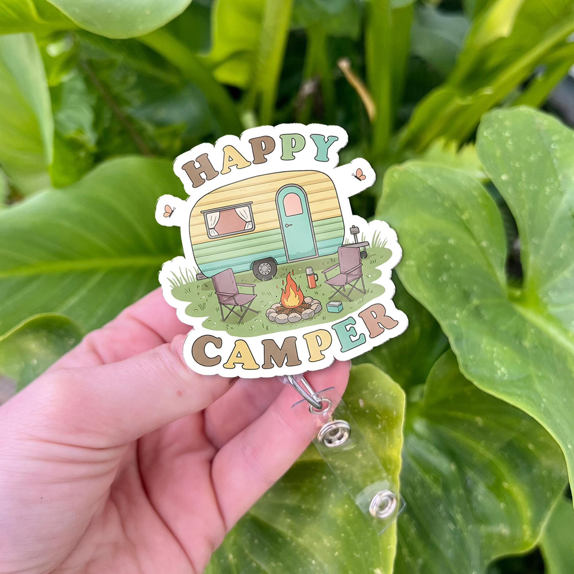 Cute Happy Camper Acrylic Badge Reel, Retro Camping ID Holder, Outdoorsy Gift for Nurse Teacher Office Staff, Fun Accessory
