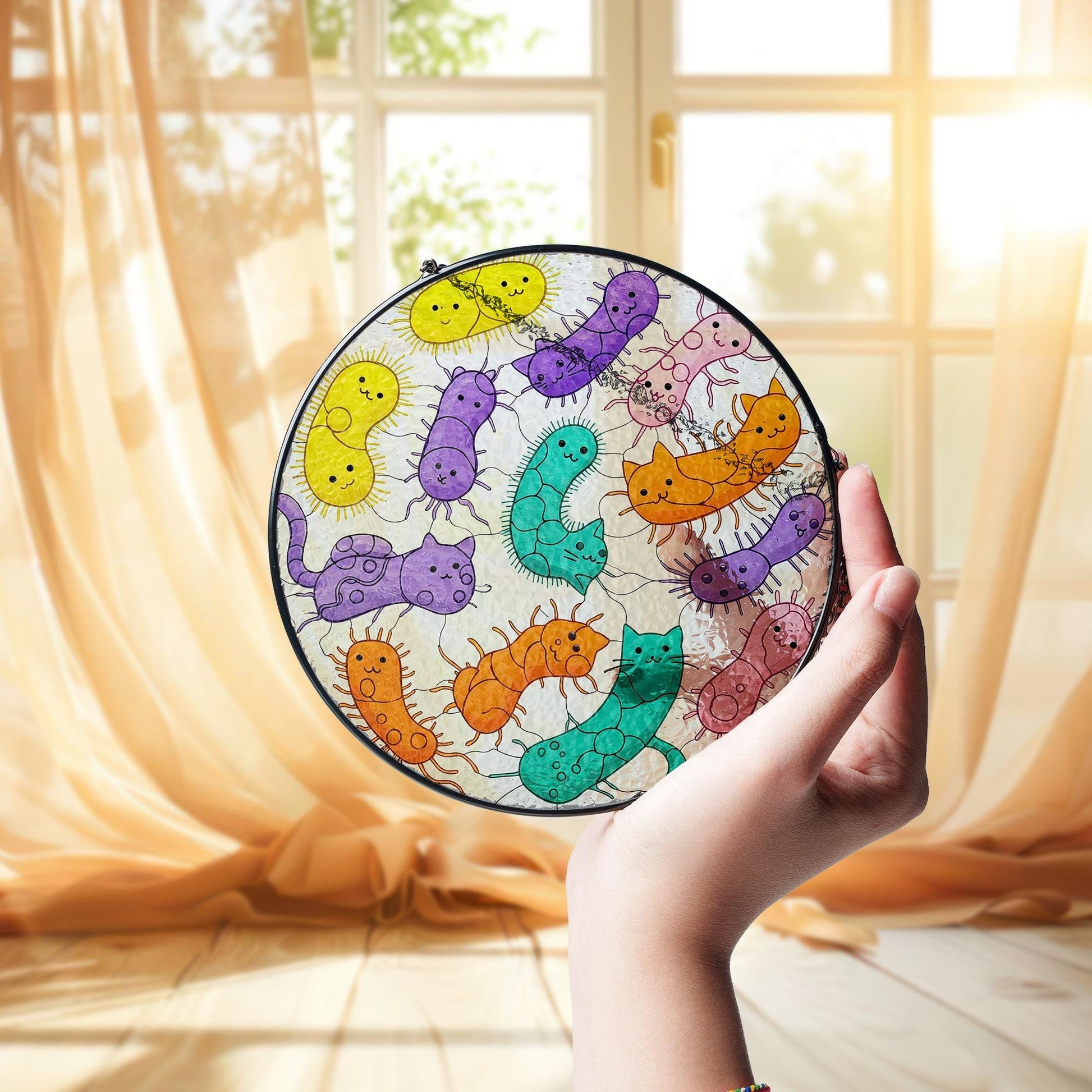Funny Cat Bacteria Glass Suncatcher Gift for Scientist, Biology Lover, or Science Teacher Classroom Decor, End of Year classroom decor