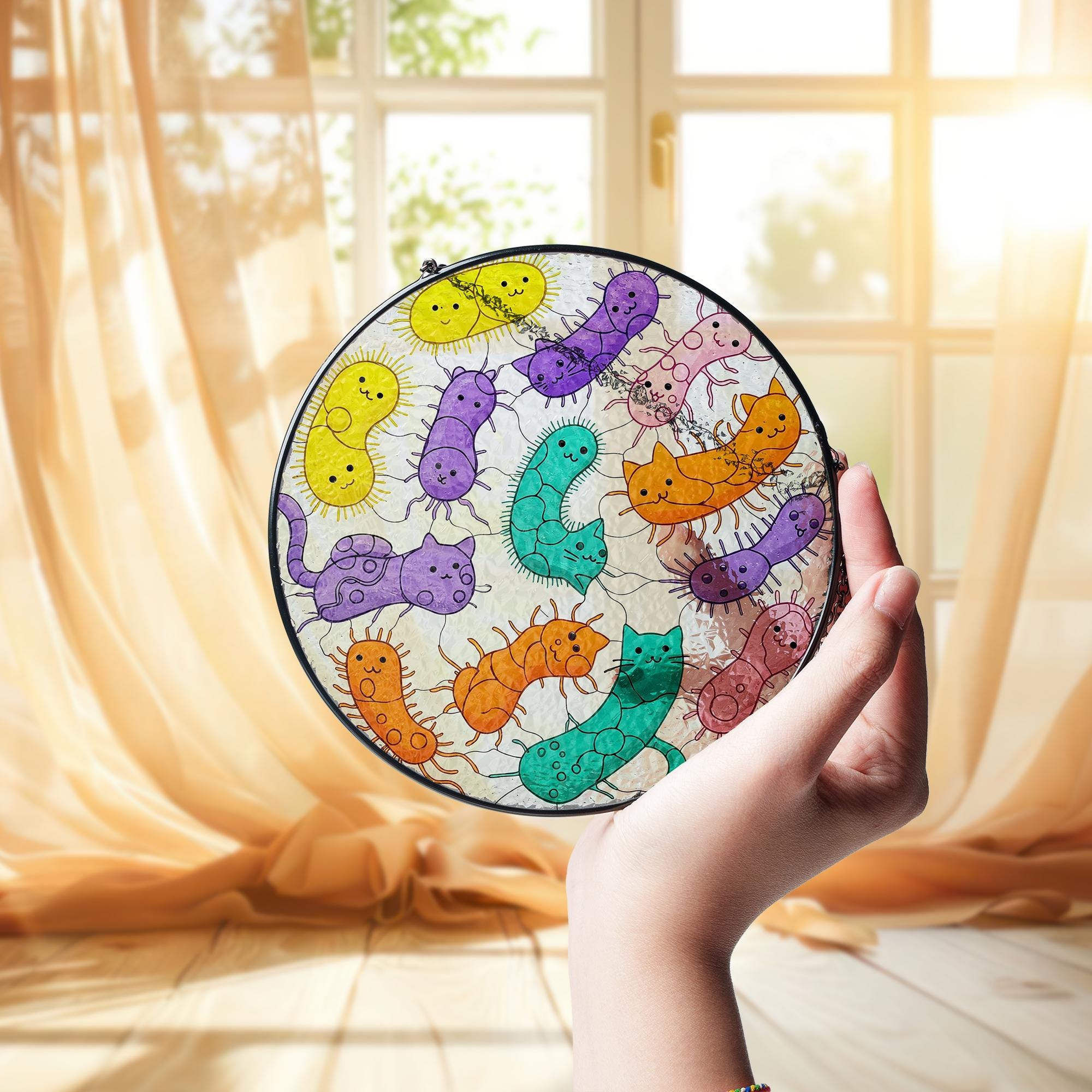 Funny Cat Bacteria Glass Suncatcher Gift for Scientist, Biology Lover, or Science Teacher Classroom Decor, End of Year classroom decor