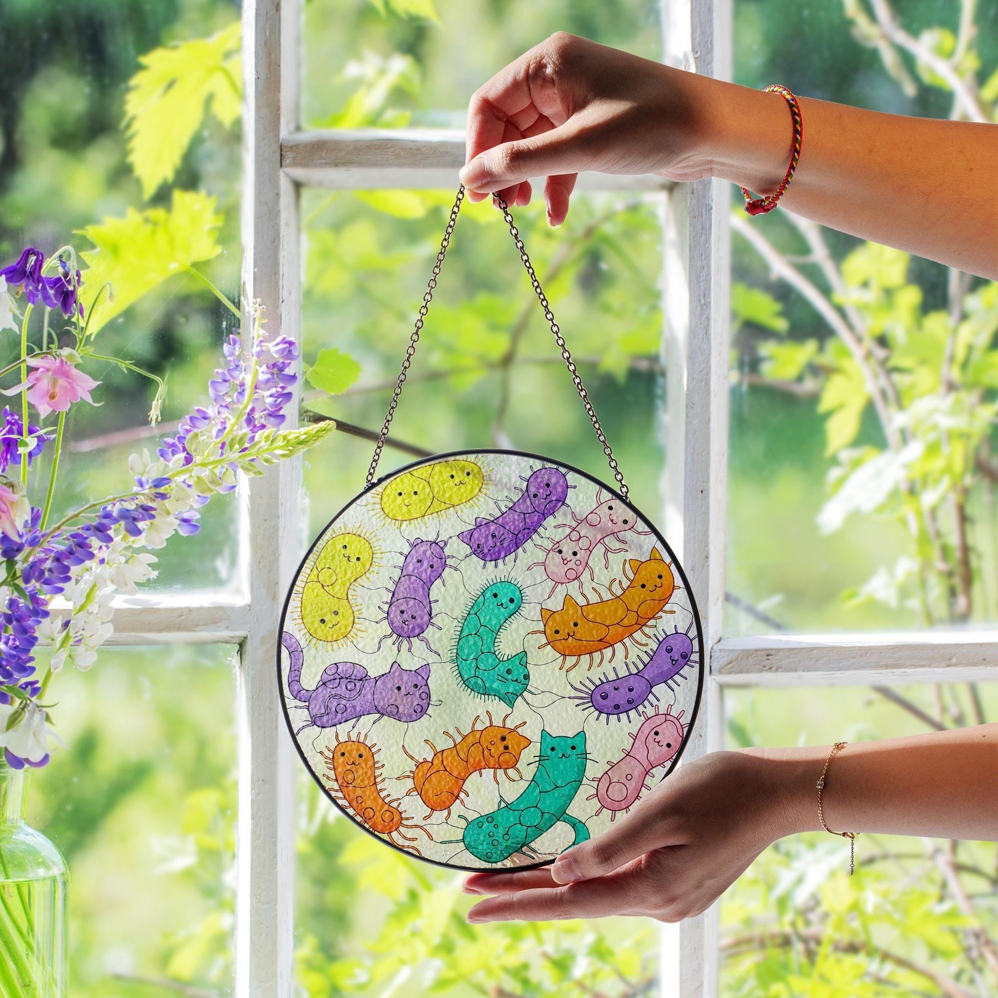Funny Cat Bacteria Glass Suncatcher Gift for Scientist, Biology Lover, or Science Teacher Classroom Decor, End of Year classroom decor