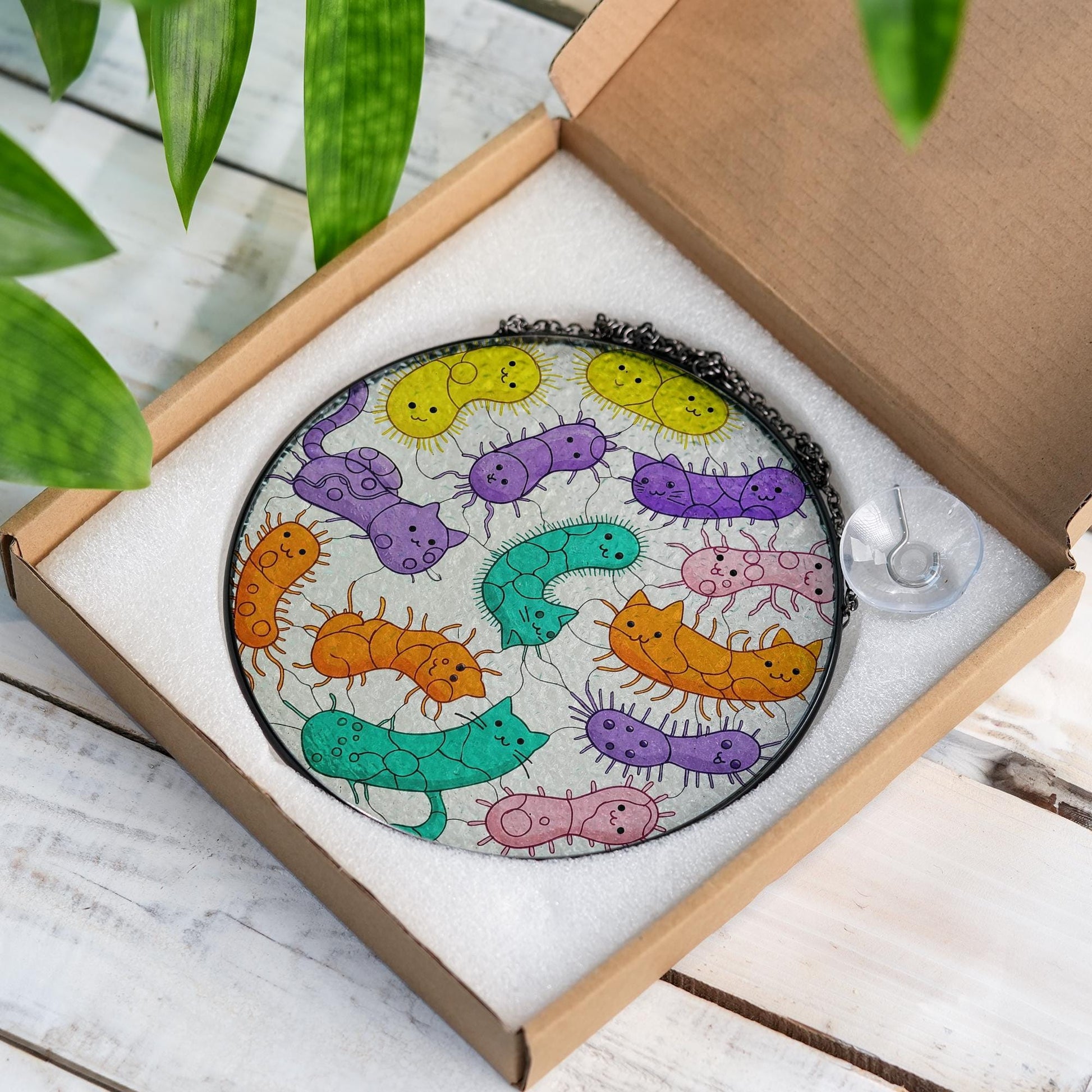 Funny Cat Bacteria Glass Suncatcher Gift for Scientist, Biology Lover, or Science Teacher Classroom Decor, End of Year classroom decor